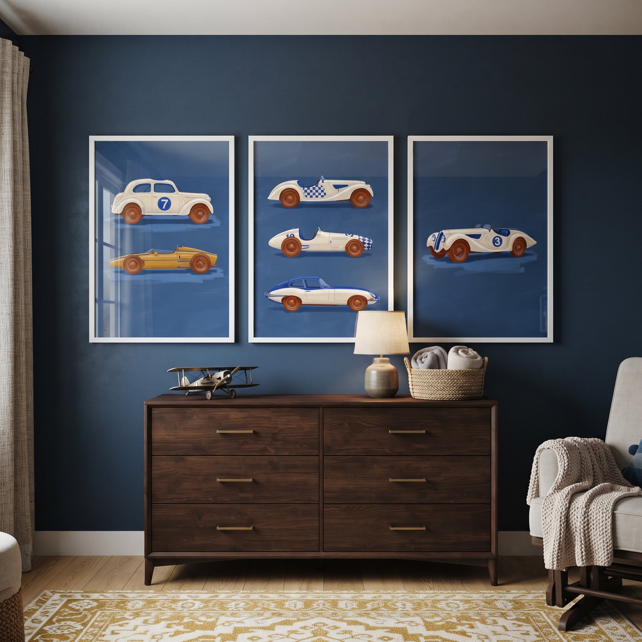 Navy Blue Racing Car Wall Art Set of 3 - Classic Speed Gallery