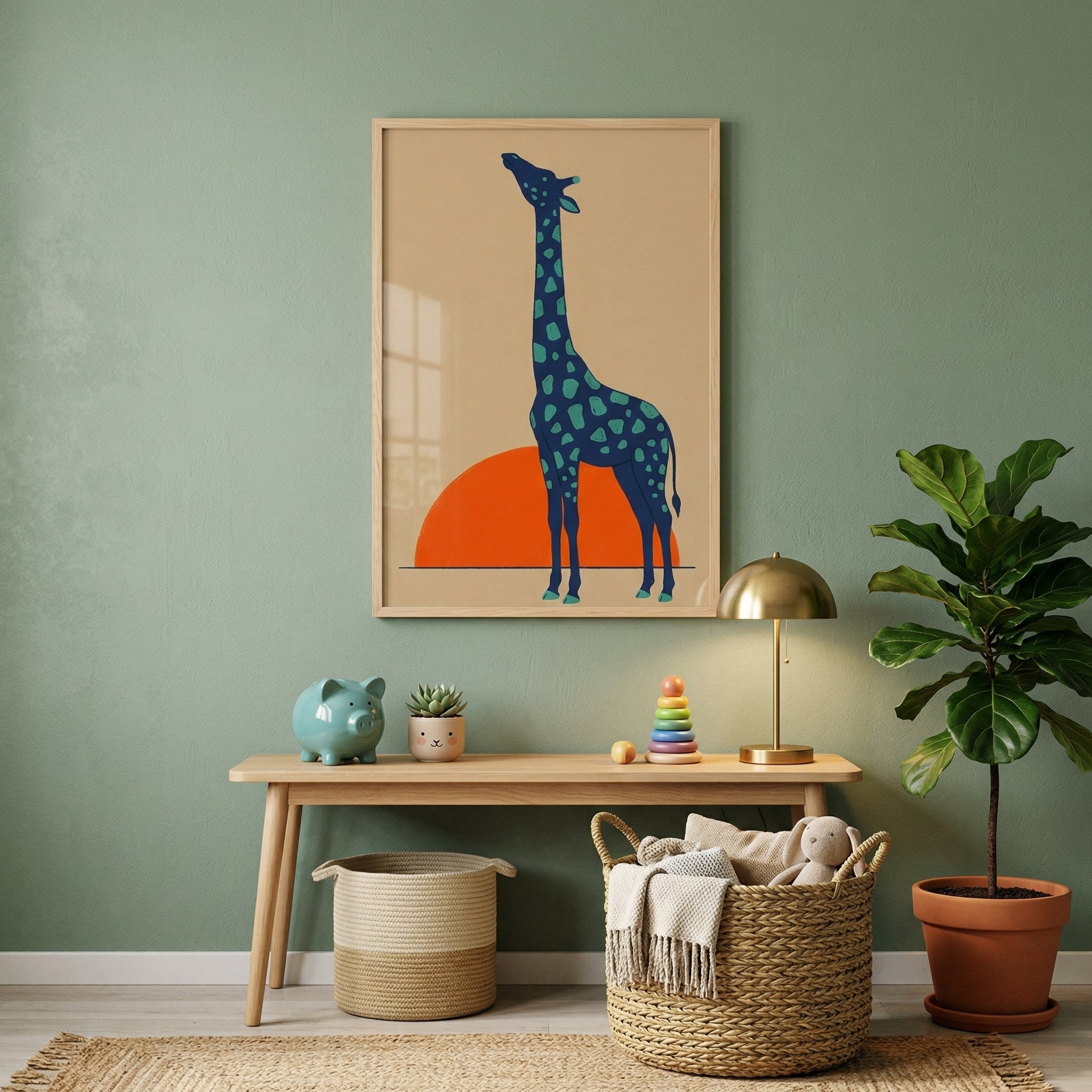 Framed giraffe illustration with a tall blue giraffe standing in front of a bold orange sun displayed above a wooden bench with toys and decor. A green wall, potted plant, and woven baskets create a calm and playful nursery setting.