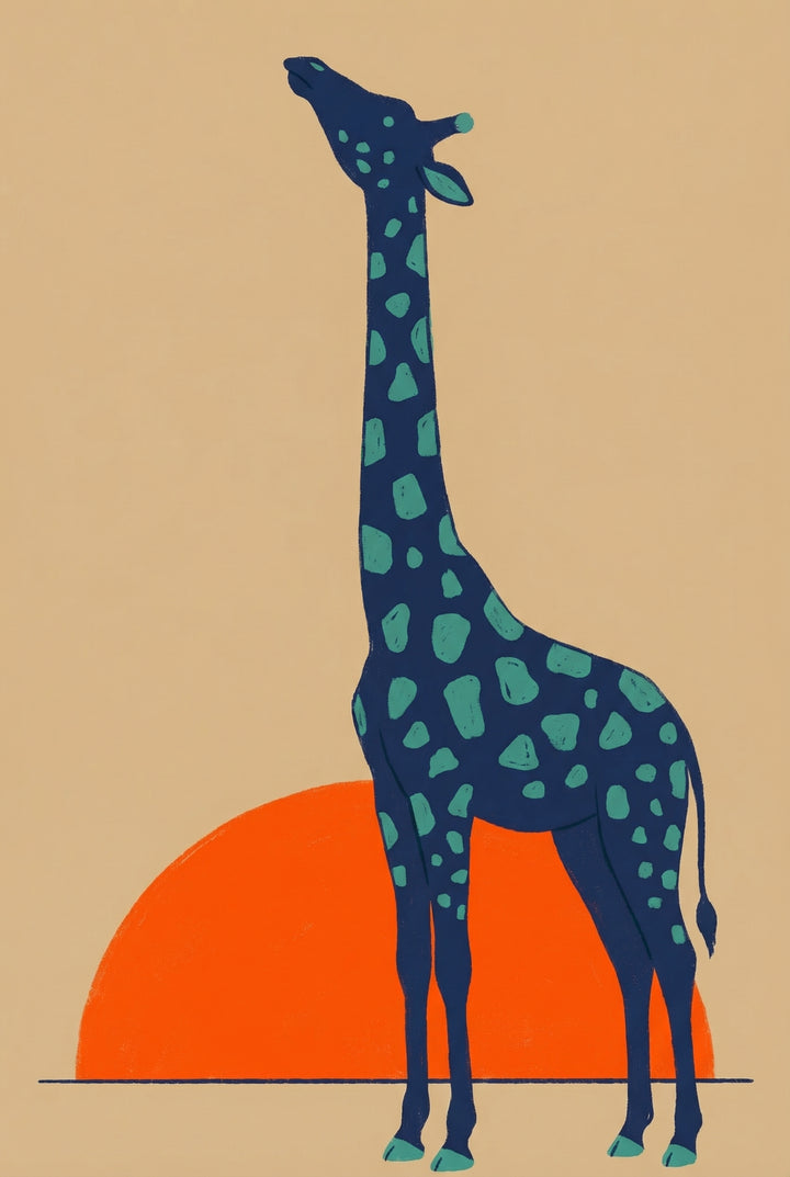 A minimalist illustration of a tall, navy blue giraffe with light teal spots. The giraffe is standing with its long neck extended and its head tilted upward. It is positioned in front of a large, solid orange semi-circle that resembles a setting sun. The giraffe stands on a thin, straight black line against a flat tan background. The style is graphic and modern with clean lines and bold blocks of color.