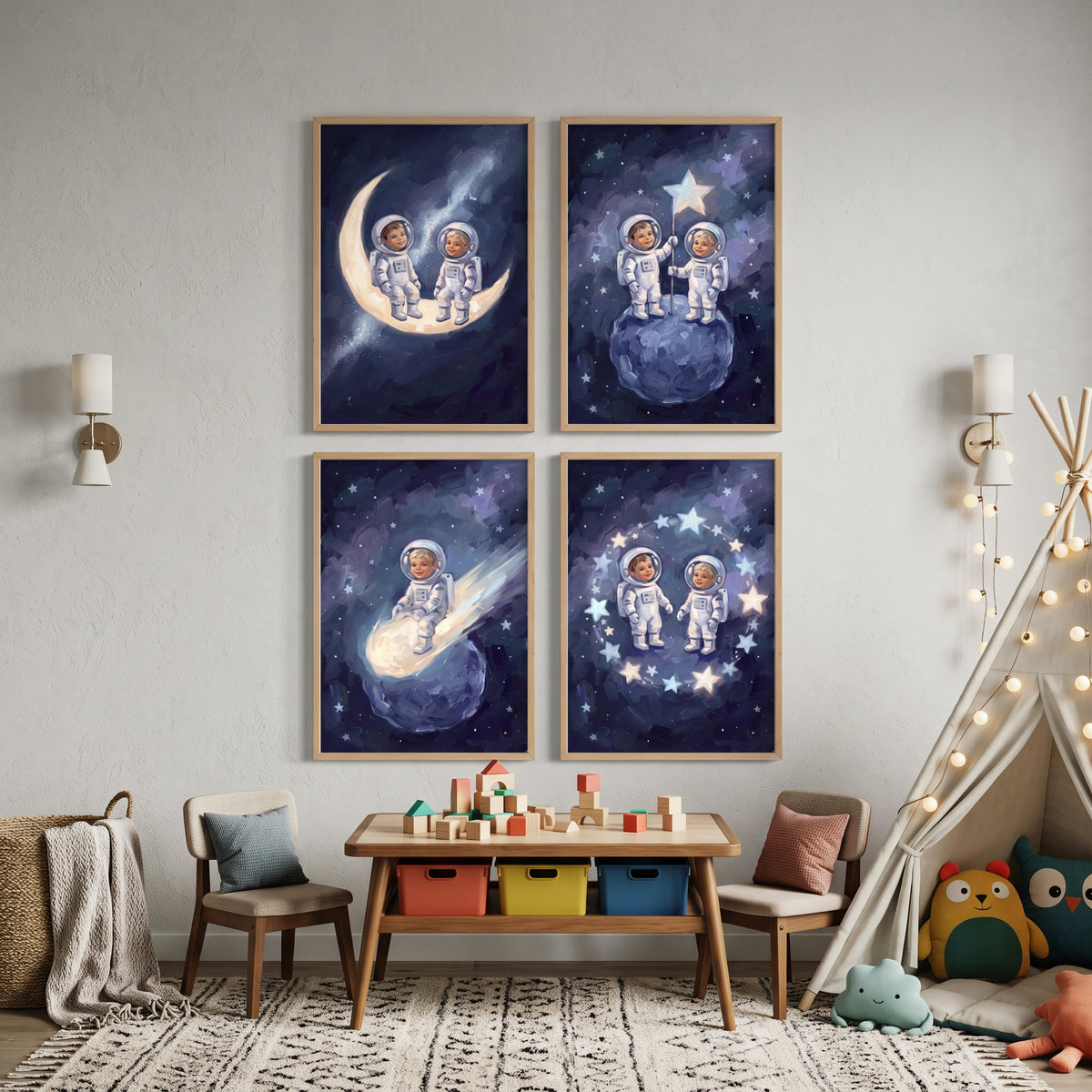 Navy Galaxy Baby Astronaut Wall Art Set of 4 - Celestial Star Adventures