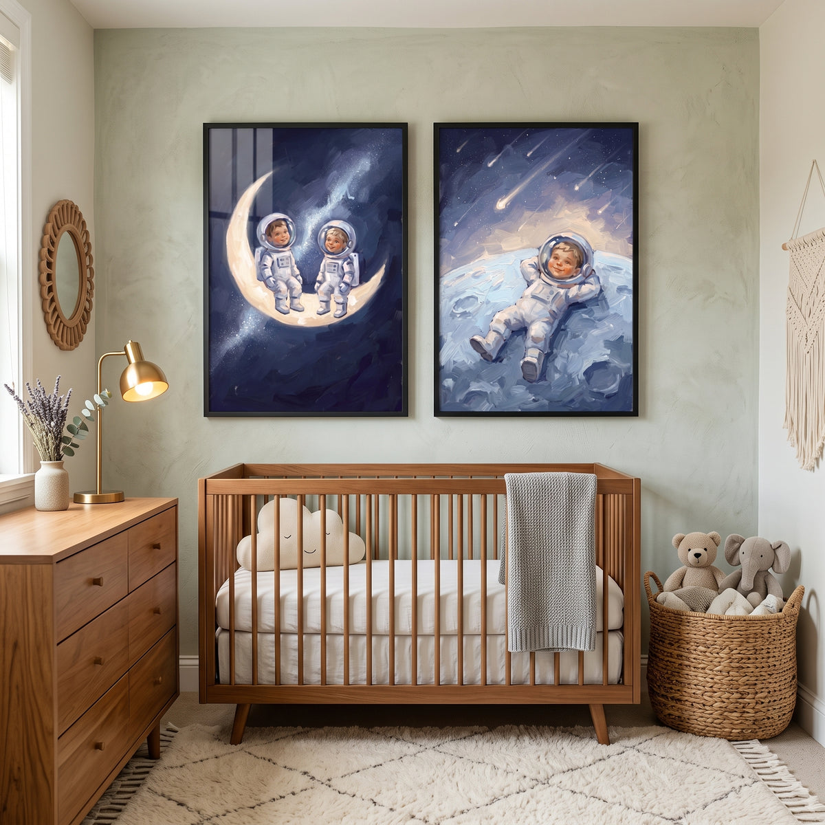 Navy Space Baby Astronaut Wall Art Set of 2 - Little Moon Voyagers