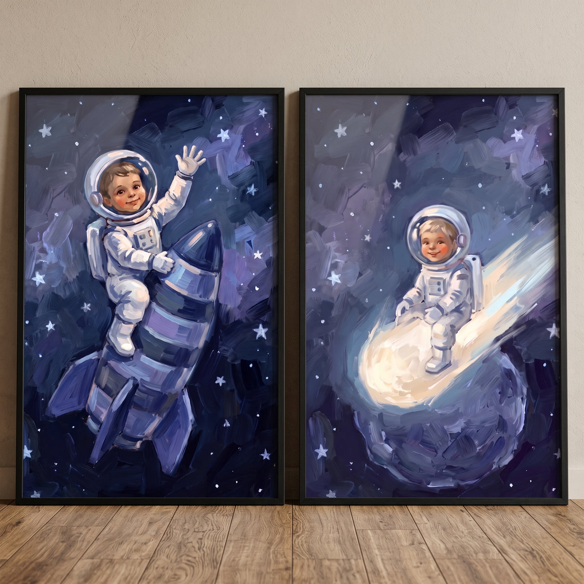 Navy starry baby astronaut wall art set of 2 with babies riding a blue rocket and a glowing comet through space.