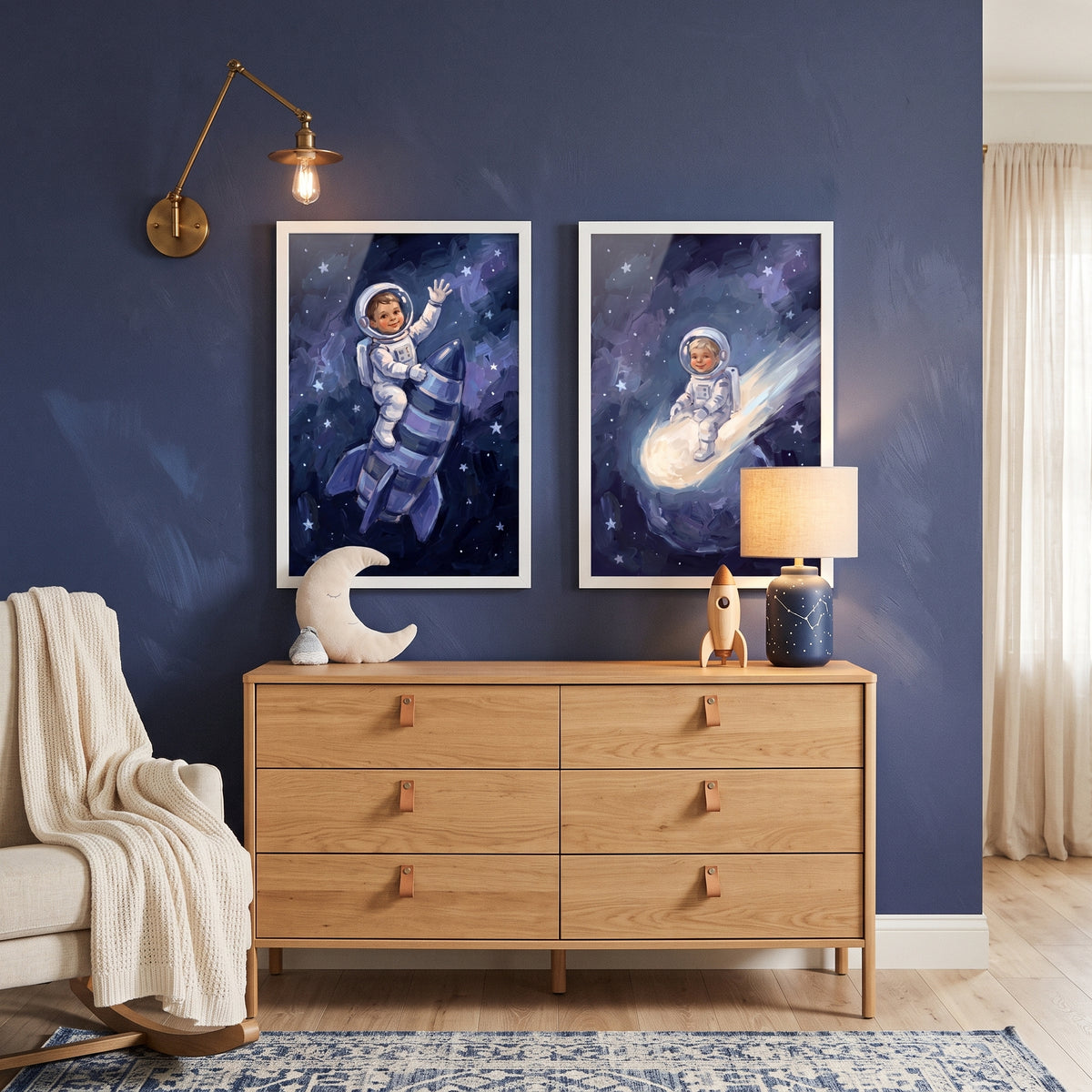 Navy Starry Baby Astronaut Wall Art Set of 2 - Cosmic Rocket Ride