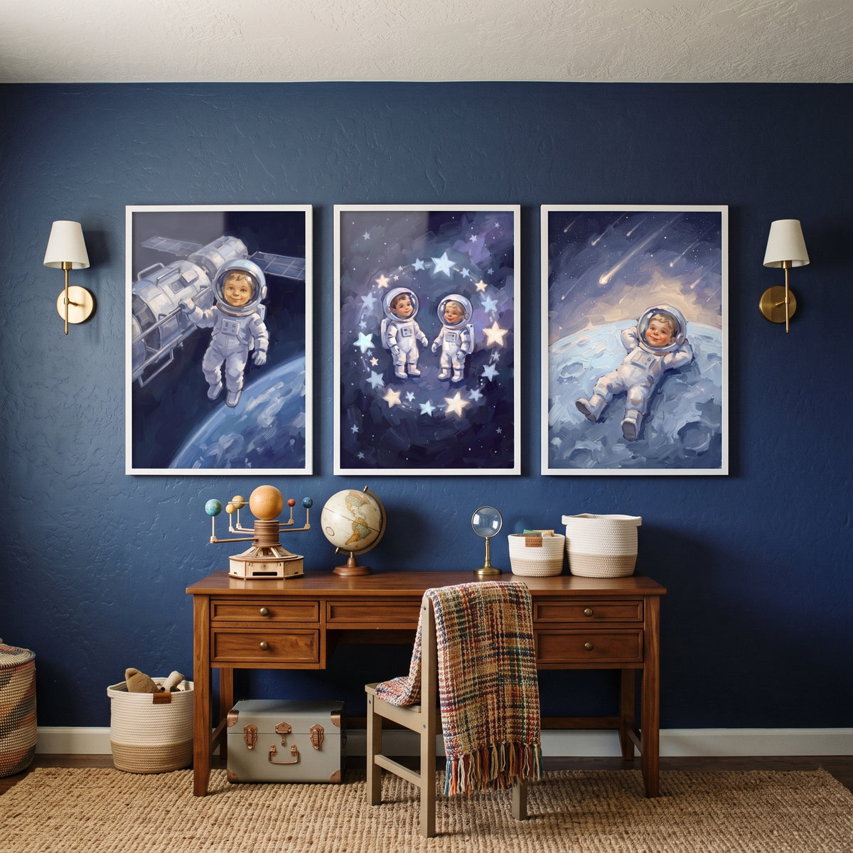 Navy Suit Baby Astronaut Wall Art Set of 3 - Tiny Space Voyager