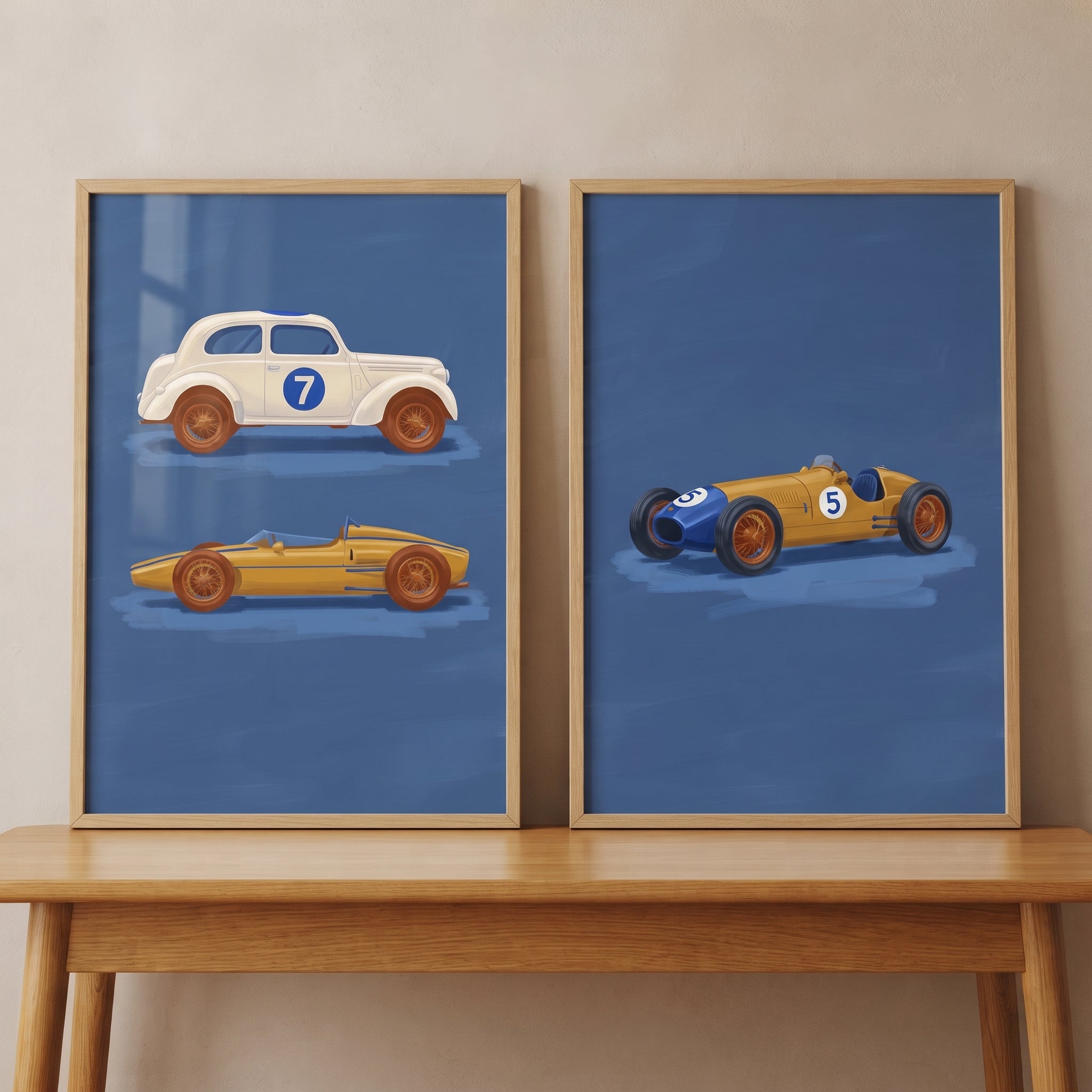 Navy Vintage Racing Car Wall Art Set of 2 - Classic Speed Machines