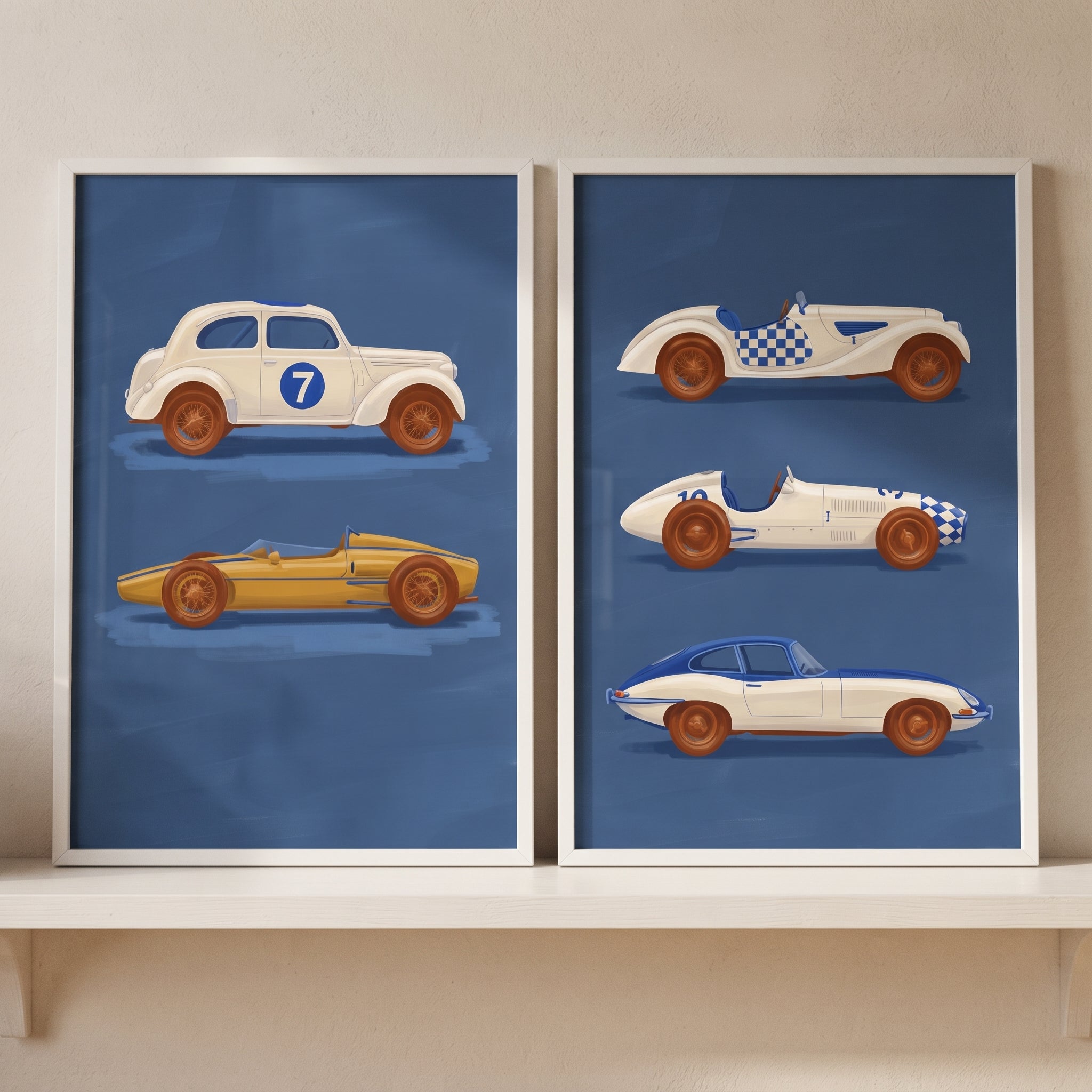Navy Vintage Racing Car Wall Art Set of 2 - Classic Toy Racers