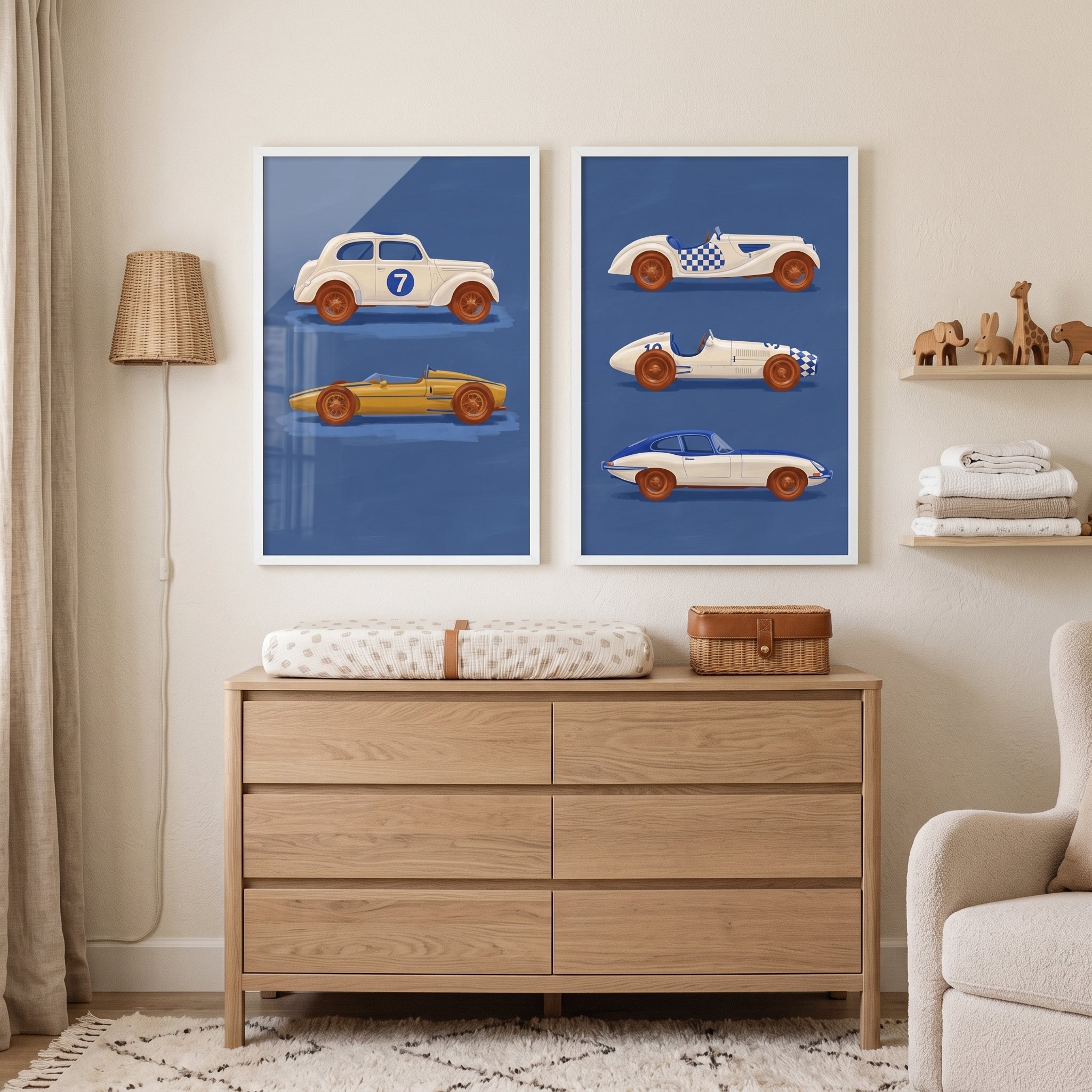 Navy Vintage Racing Car Wall Art Set of 2 - Classic Toy Racers