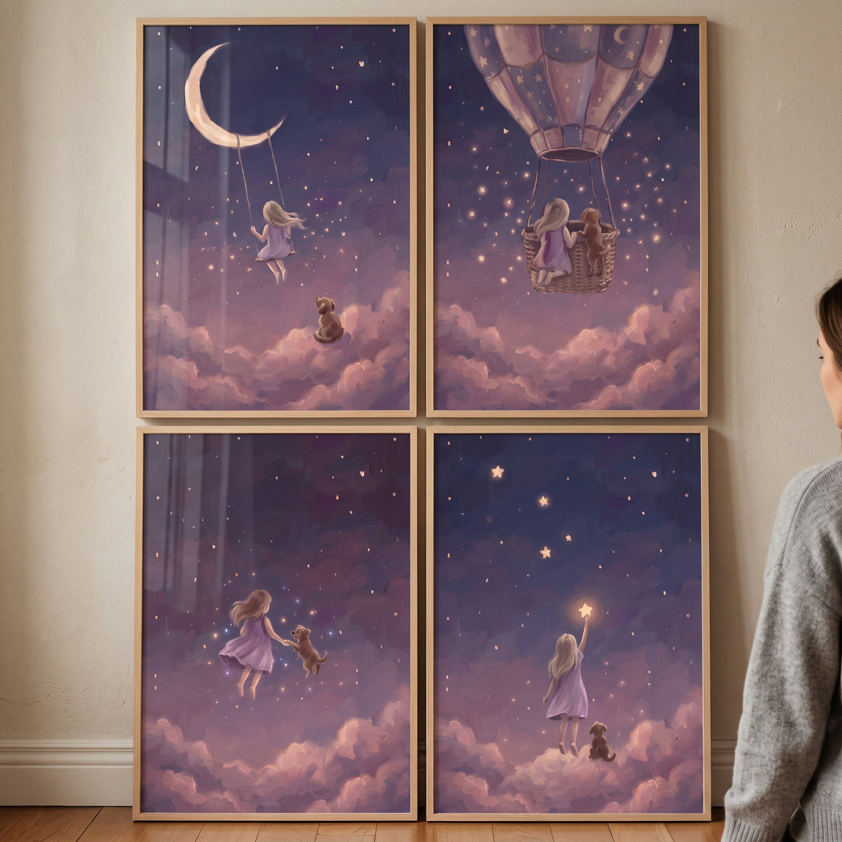Nebula night girl dog wall art set of 4 depicting a child and pet on a moon swing, in a hot air balloon, and among stars.