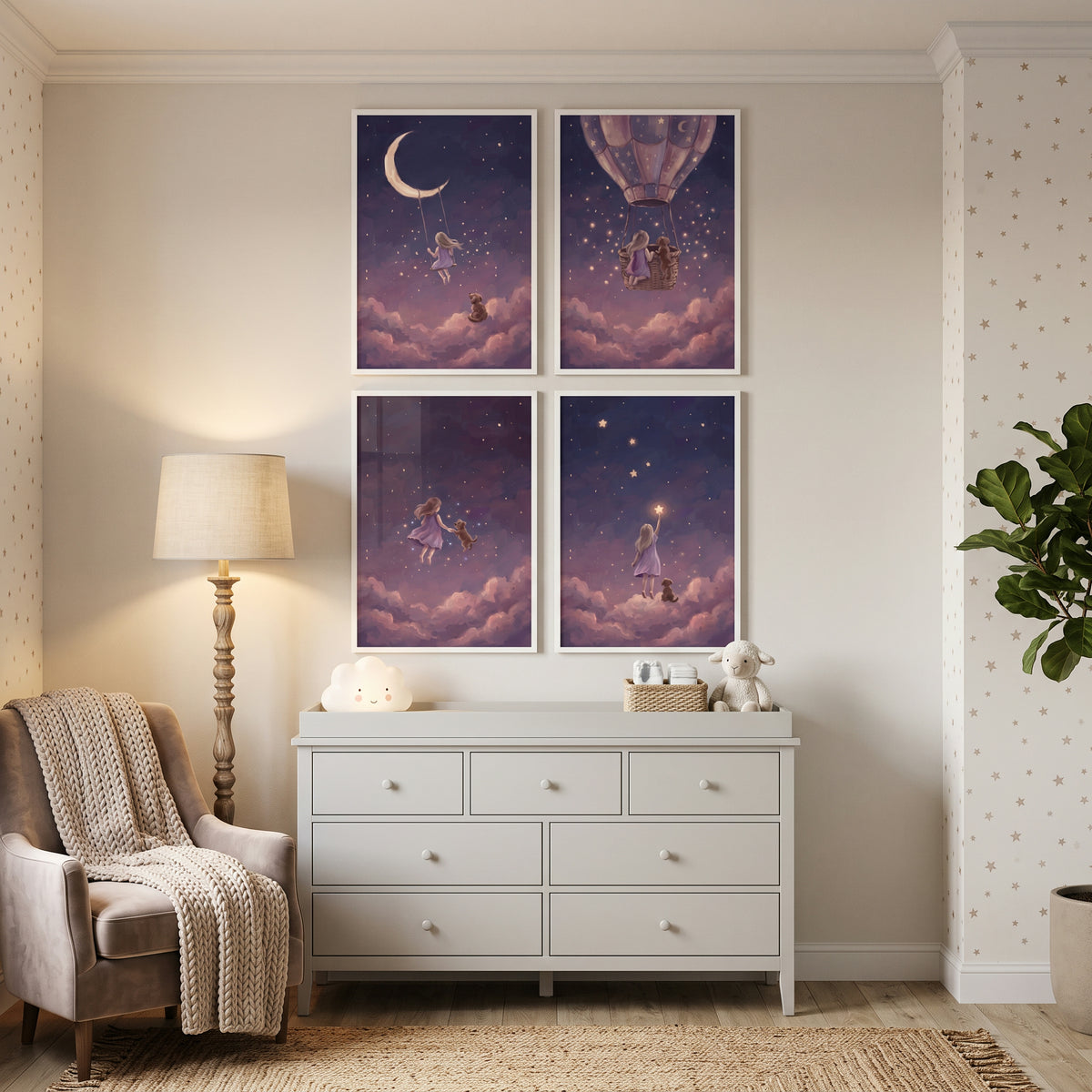 Nebula Night Girl Dog Wall Art Set of 4 - Moonlight Adventure