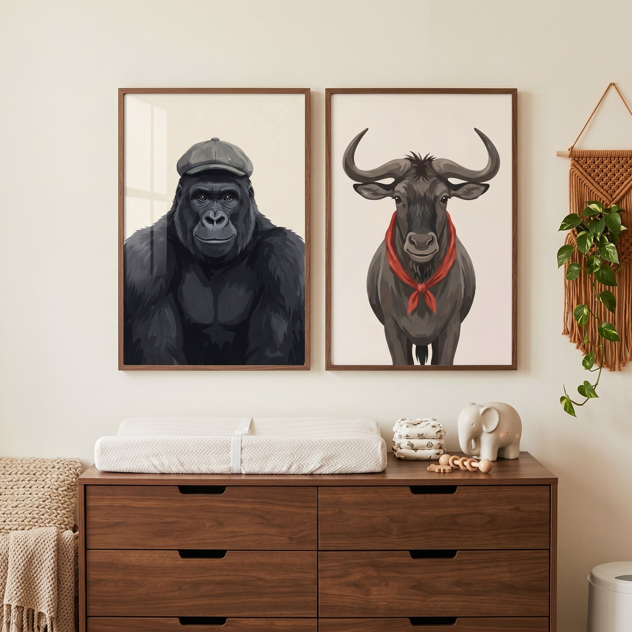 Neutral Accessorized Safari Animal Wall Art Set of 2 - Dapper Beast Duo