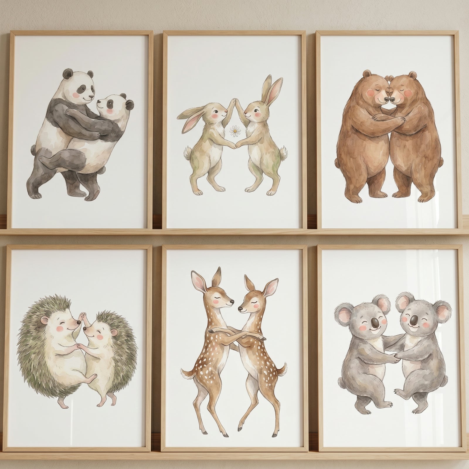 Neutral animal pair wall art set of 6 featuring watercolor pandas, rabbits, bears, hedgehogs, deer, and koalas.