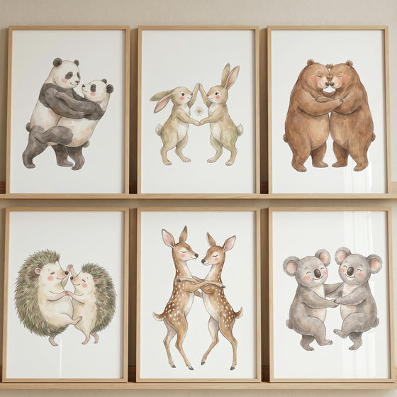 Neutral animal pair wall art set of 6 featuring watercolor pandas, rabbits, bears, hedgehogs, deer, and koalas.