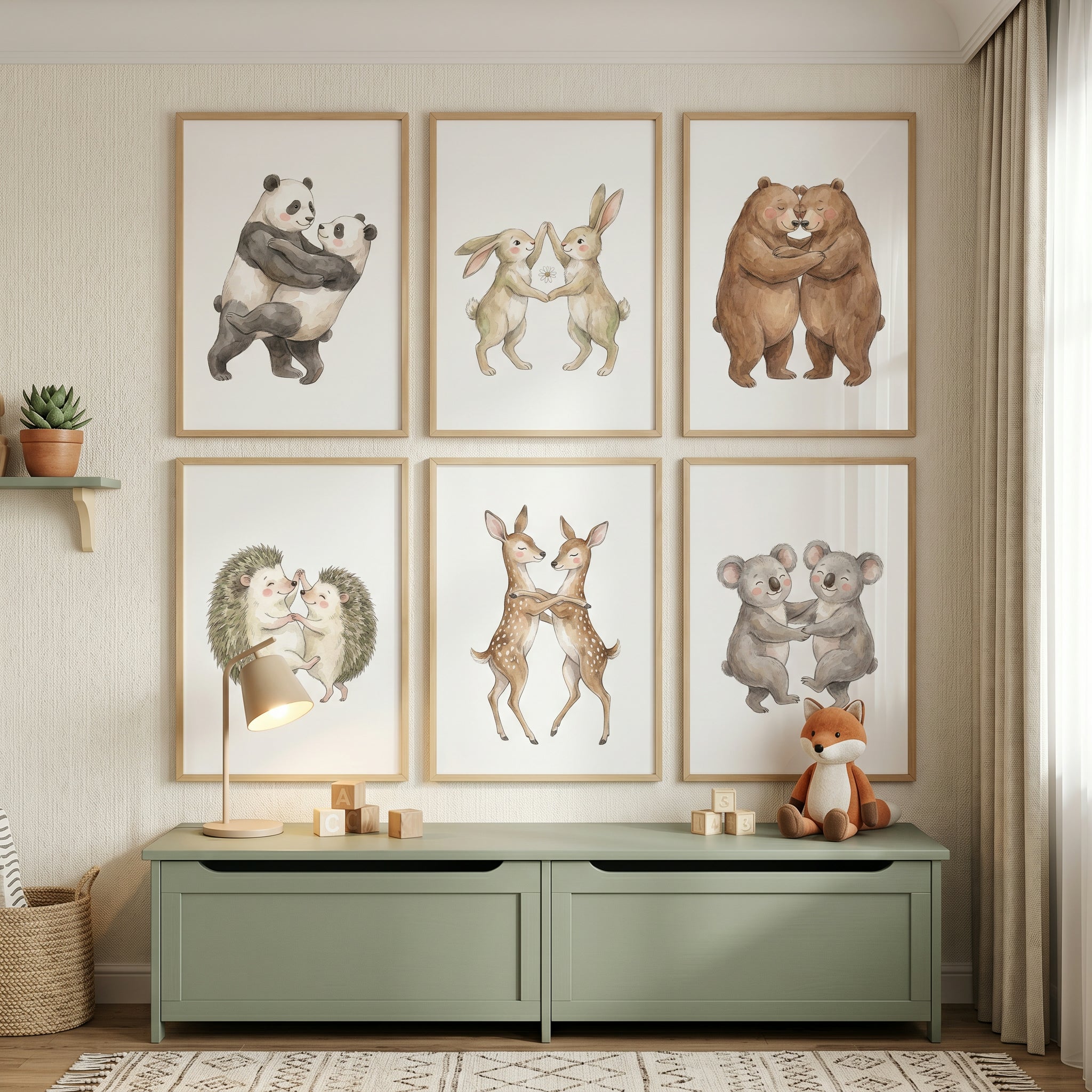 Neutral Animal Pair Wall Art Set of 6 - Whimsical Forest Duos