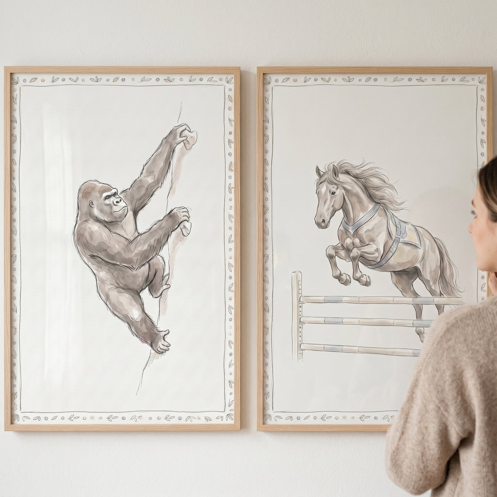 Neutral athletic animals wall art set of 2 featuring a rock-climbing gorilla and a jumping horse in wood frames.