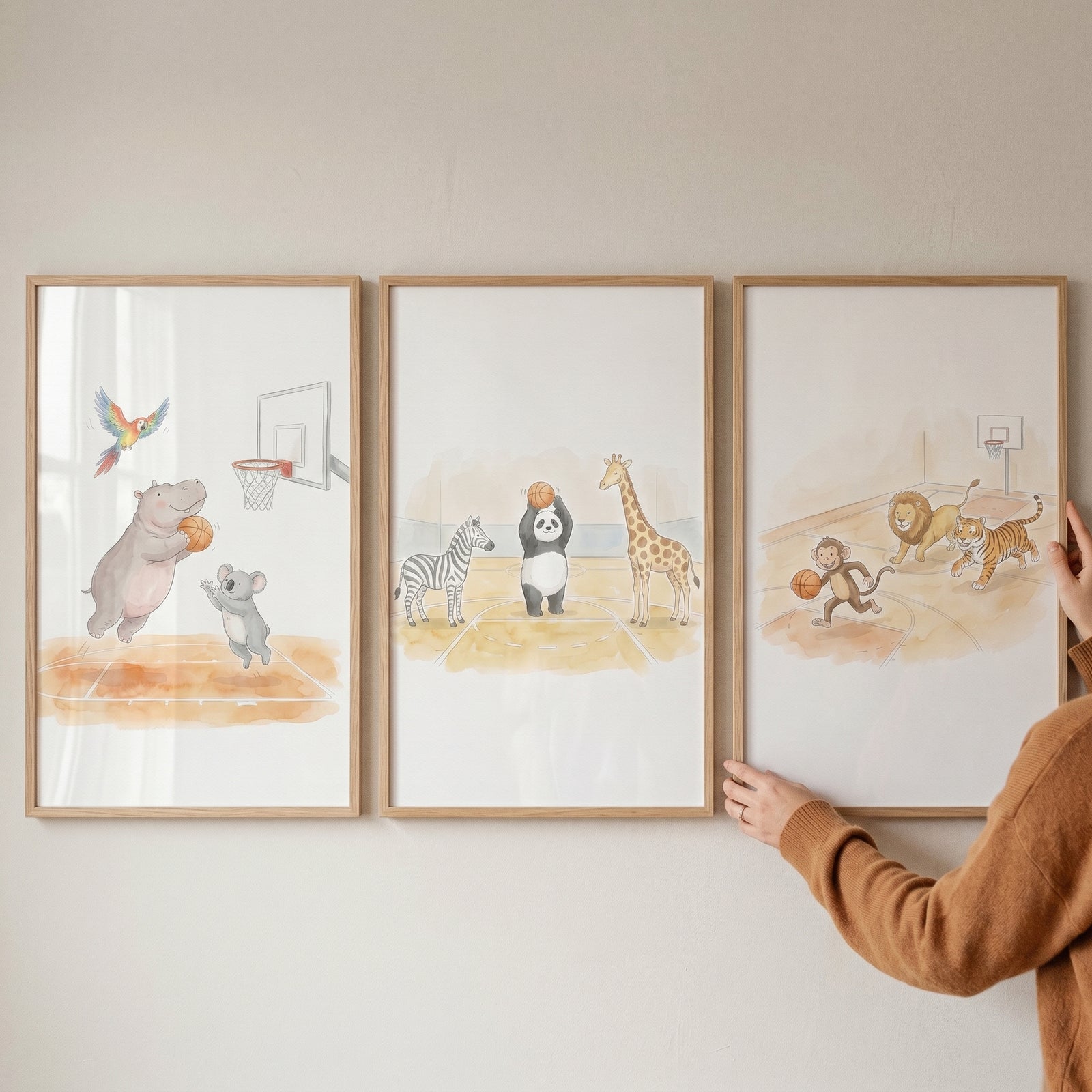Neutral basketball wild animals artwork set of 3 featuring watercolor creatures playing sports in wooden frames.