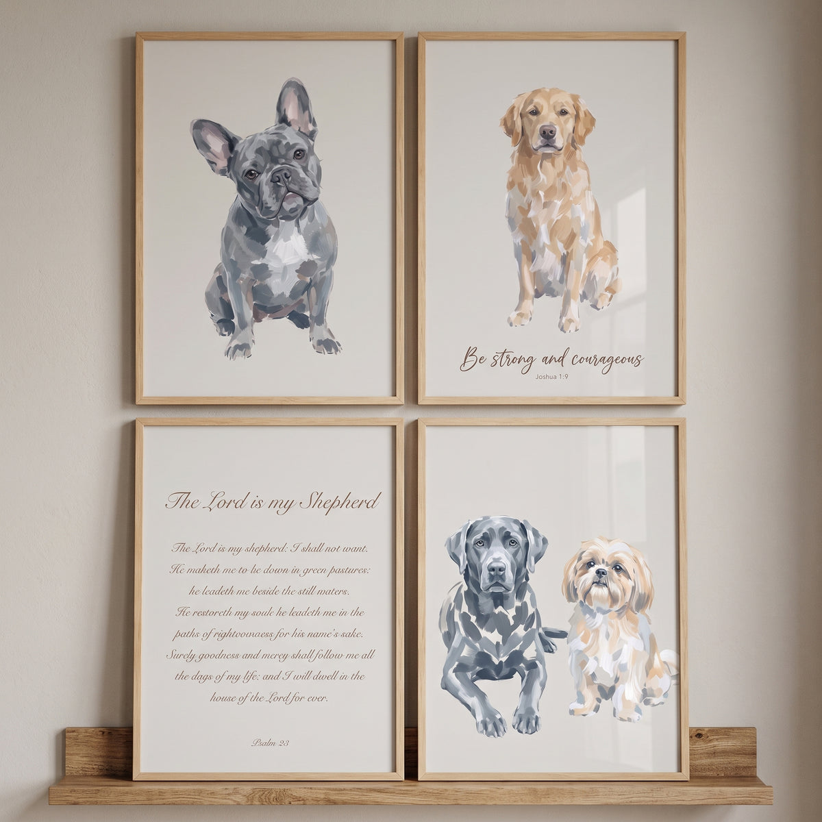 Neutral beige christian dogs wall art set of 4 featuring various breeds and biblical text in light wood frames.
