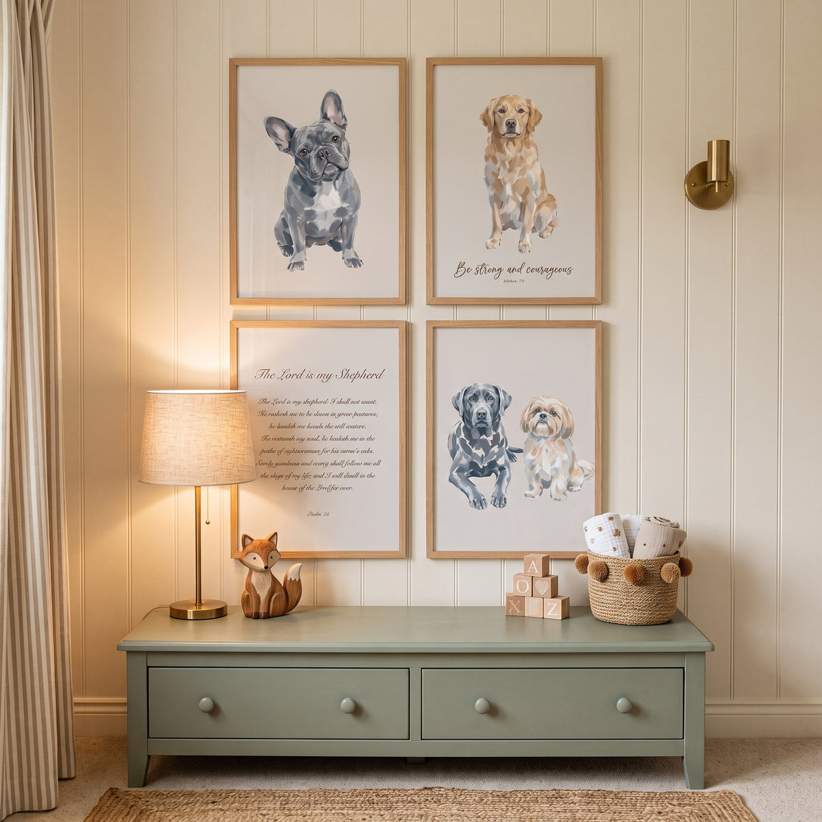 Neutral Beige Christian Dogs Wall Art Set of 4 - Blessed Dog Portraits
