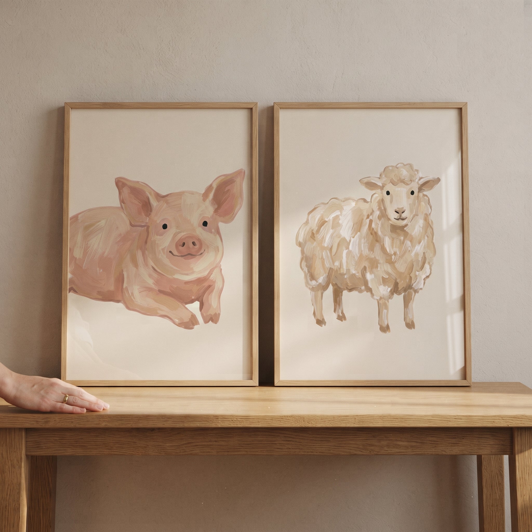 Neutral Beige Farm Animals Wall Art Set of 2 - Gentle Farm Friends