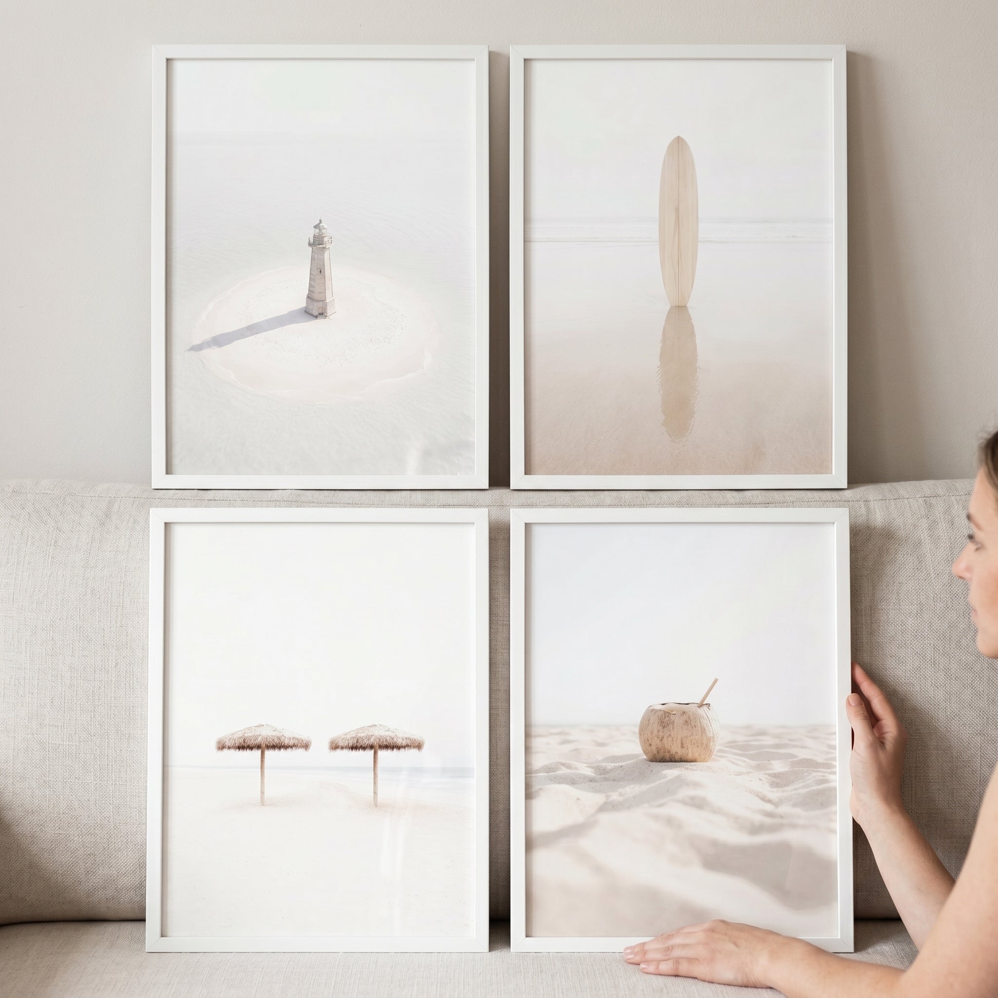 Neutral Beige Landscape Beach Wall Art Set Of 4 - Quiet Coastal Moments