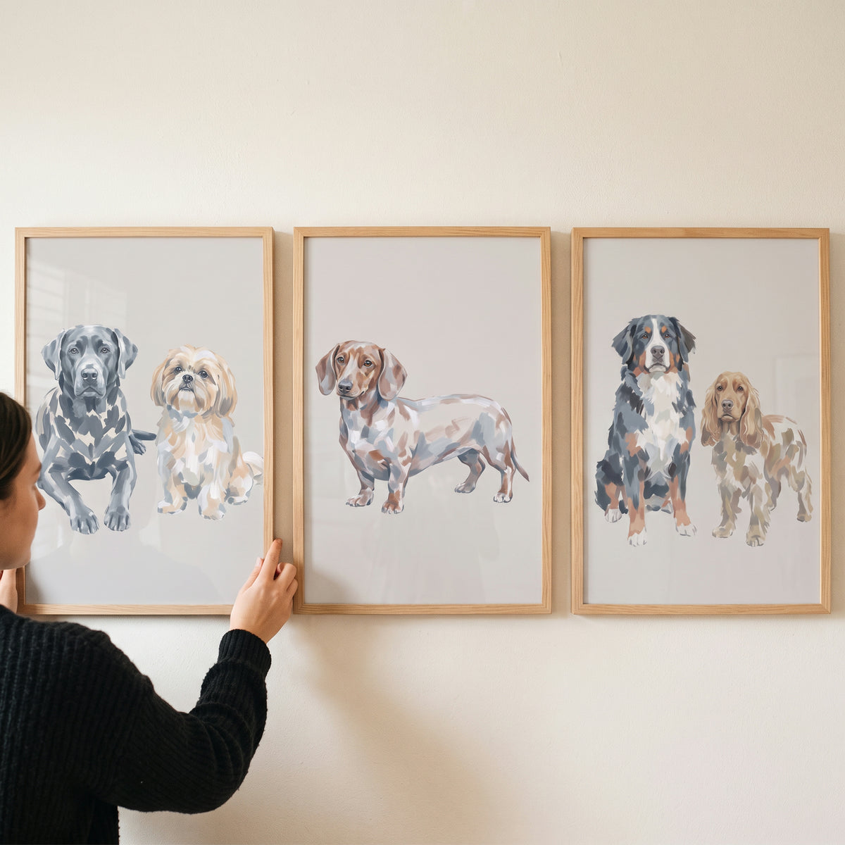 Neutral Beige Painterly Dogs Wall Art Set of 3 - Sweet Canine Portraits