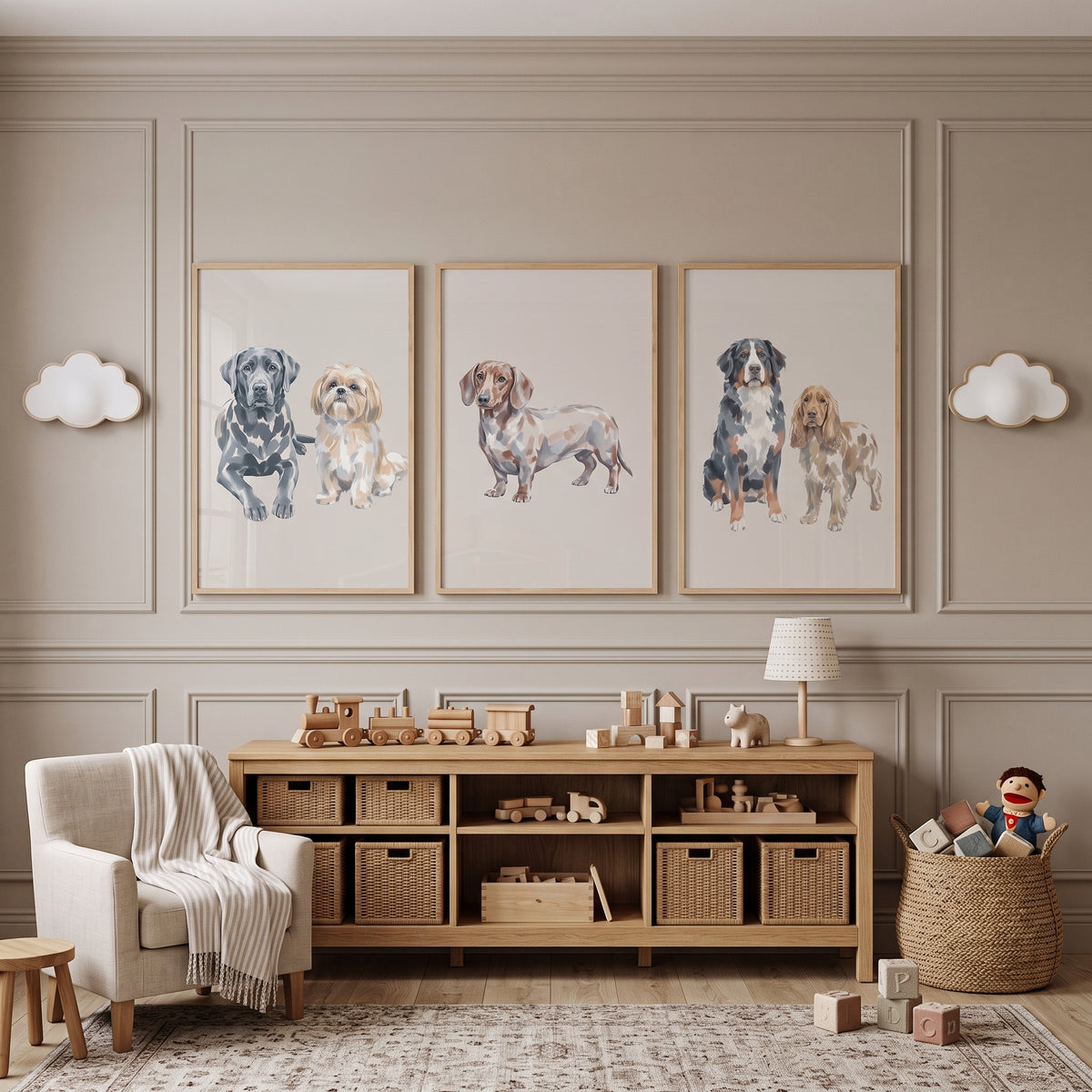 Neutral Beige Painterly Dogs Wall Art Set of 3 - Sweet Canine Portraits