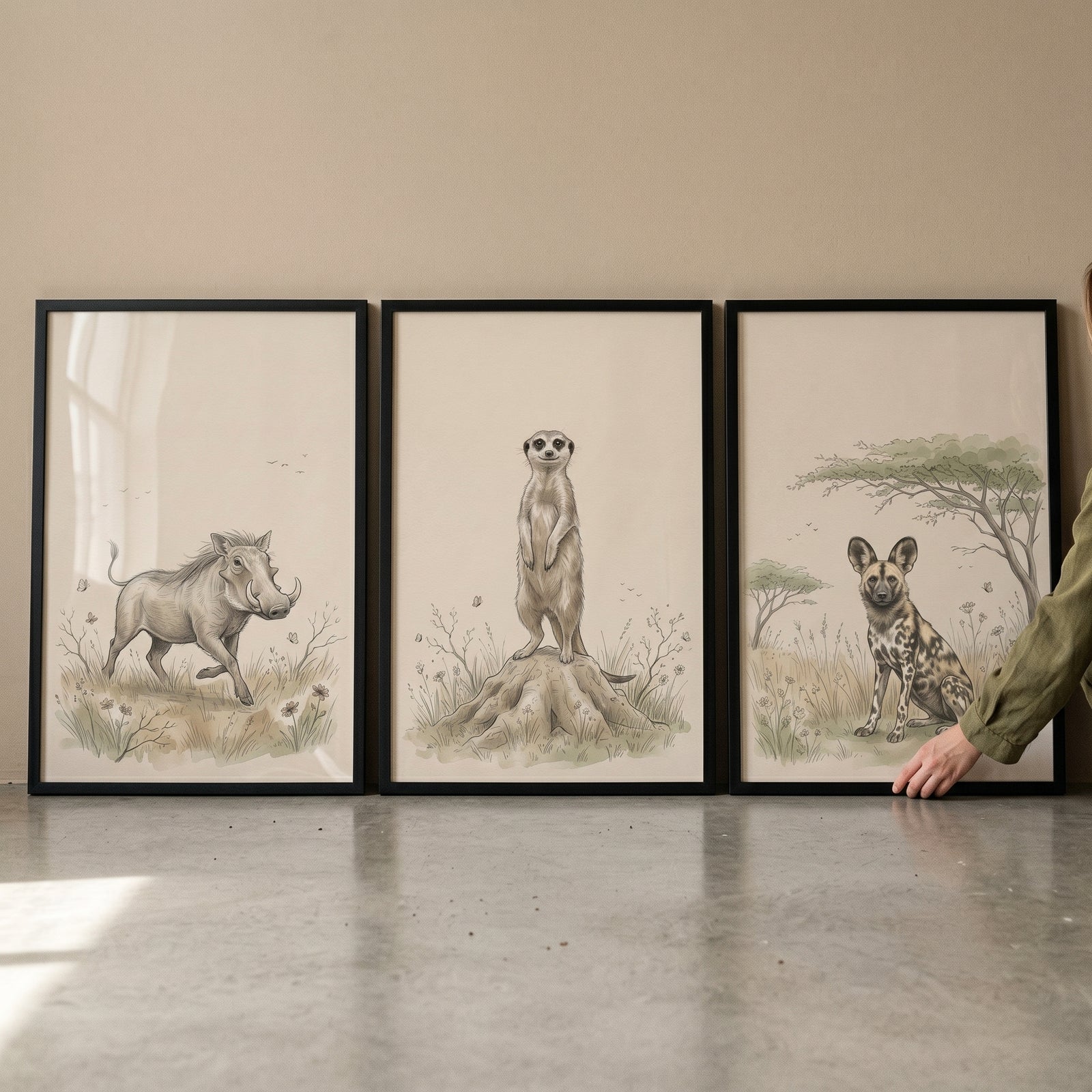 Neutral beige safari animal wall art set of 3 featuring a warthog, meerkat, and African wild dog.