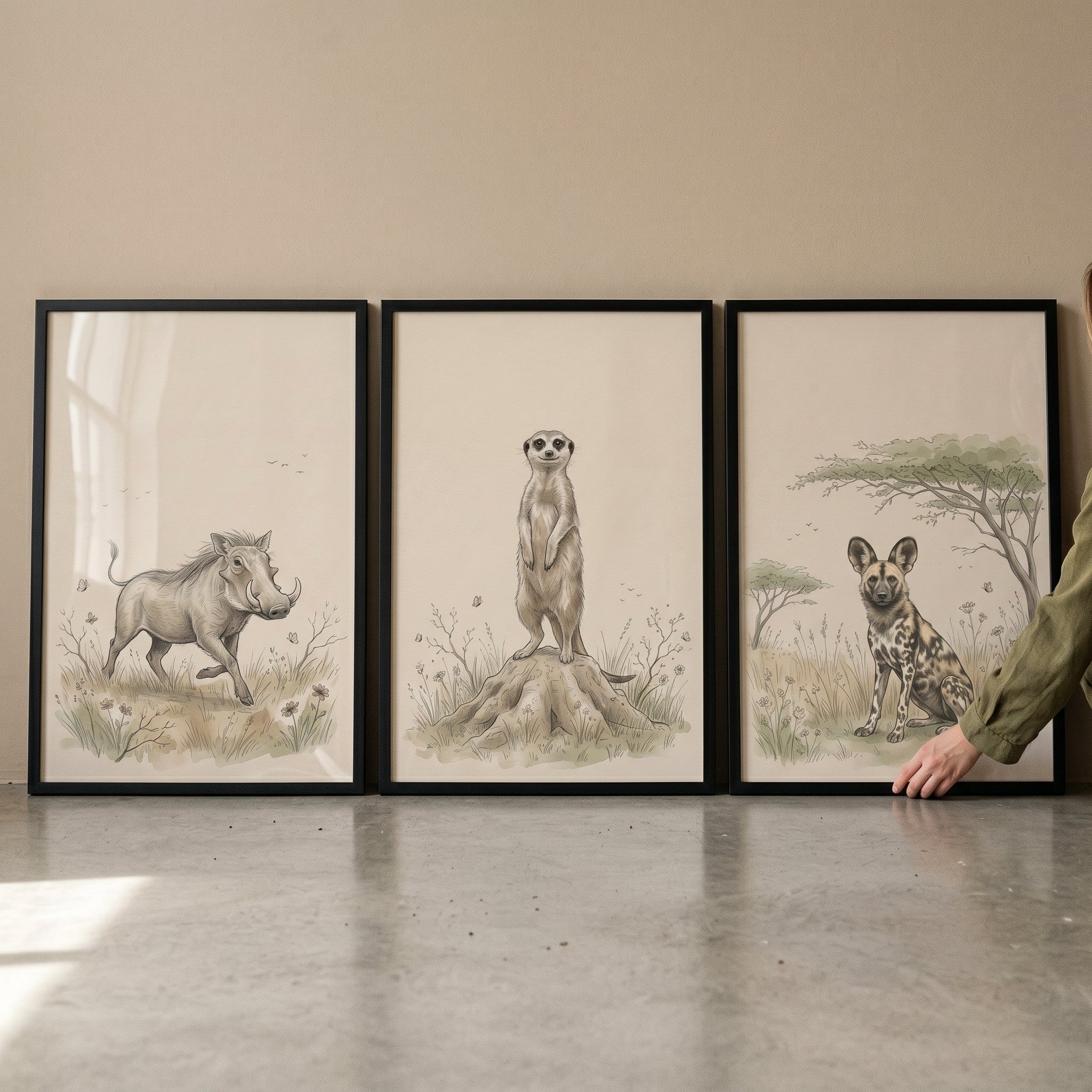 Neutral Beige Safari Animal Wall Art Set of 3 - Savanna Wildlife Trio