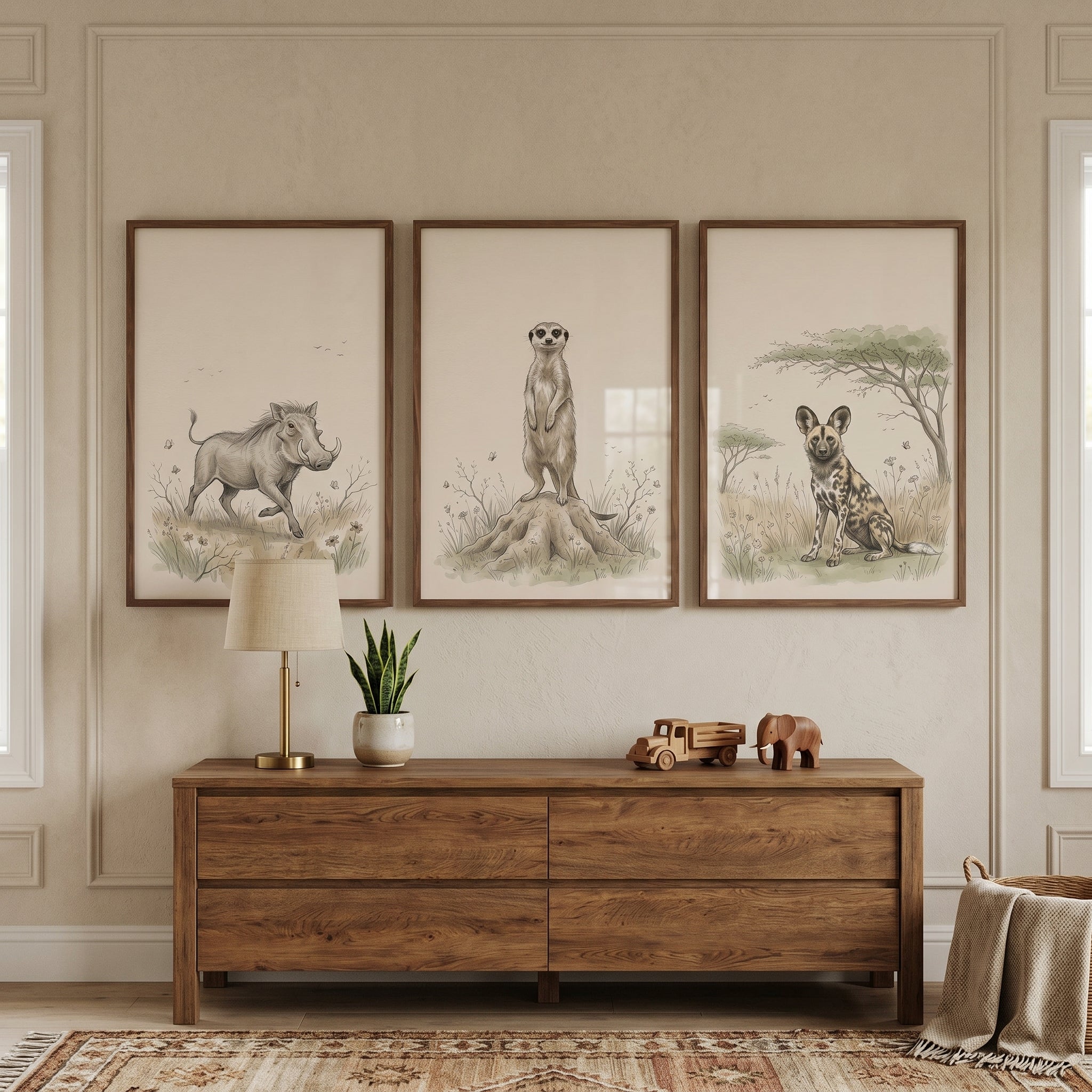 Neutral Beige Safari Animal Wall Art Set of 3 - Savanna Wildlife Trio