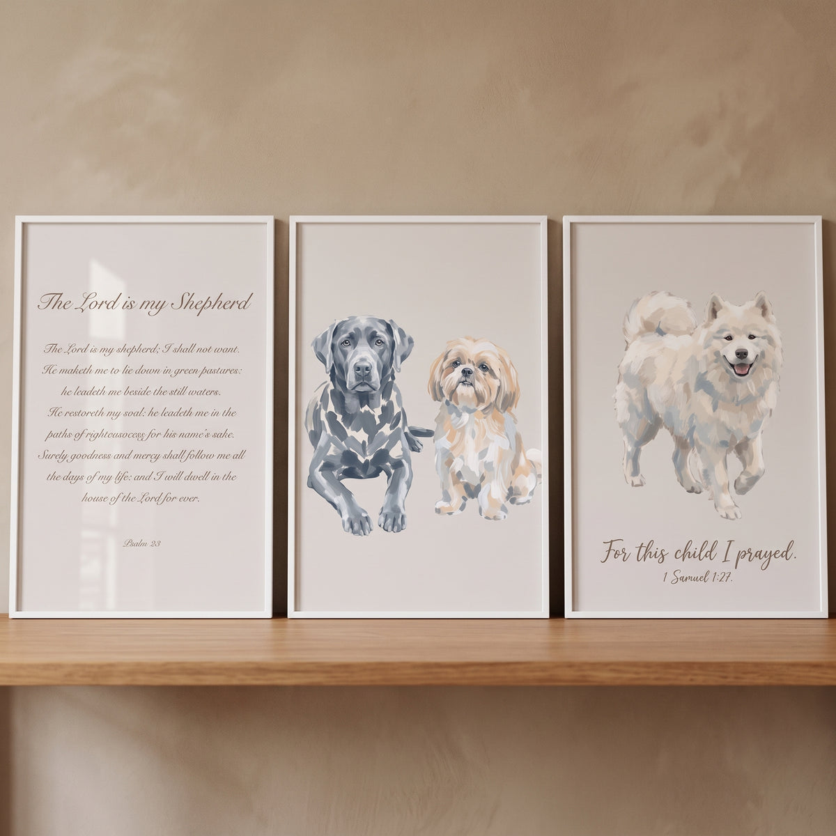 Neutral Beige Scripture Dog Wall Art Set of 3 - Faithful Canine Trio
