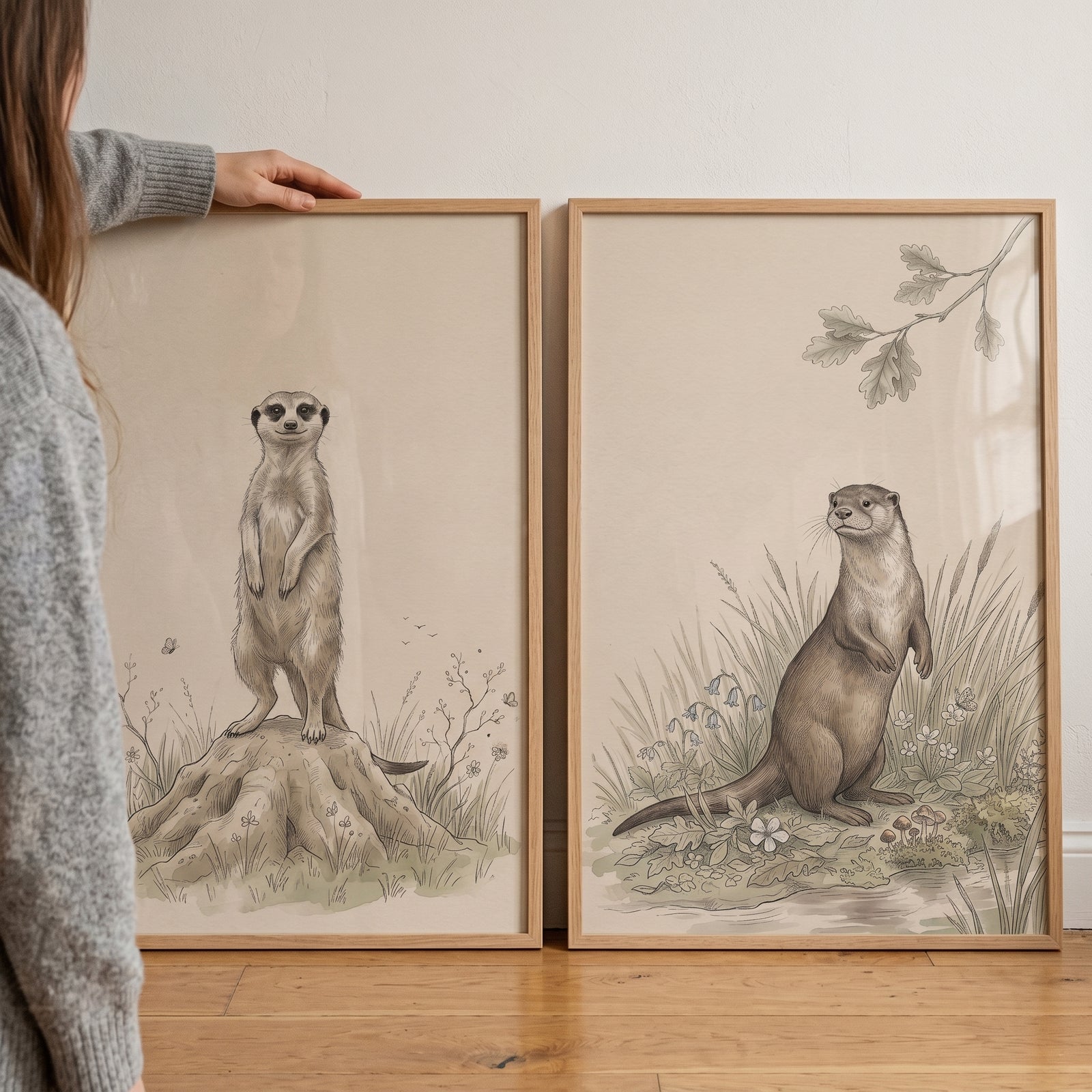 A person holds a neutral beige standing animal wall art set of 2 featuring a meerkat and an otter in light wood frames.