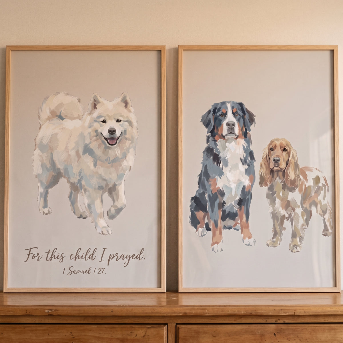 Neutral beige watercolor dogs wall art set of 2 features three dog breeds and a bible verse in wooden frames.