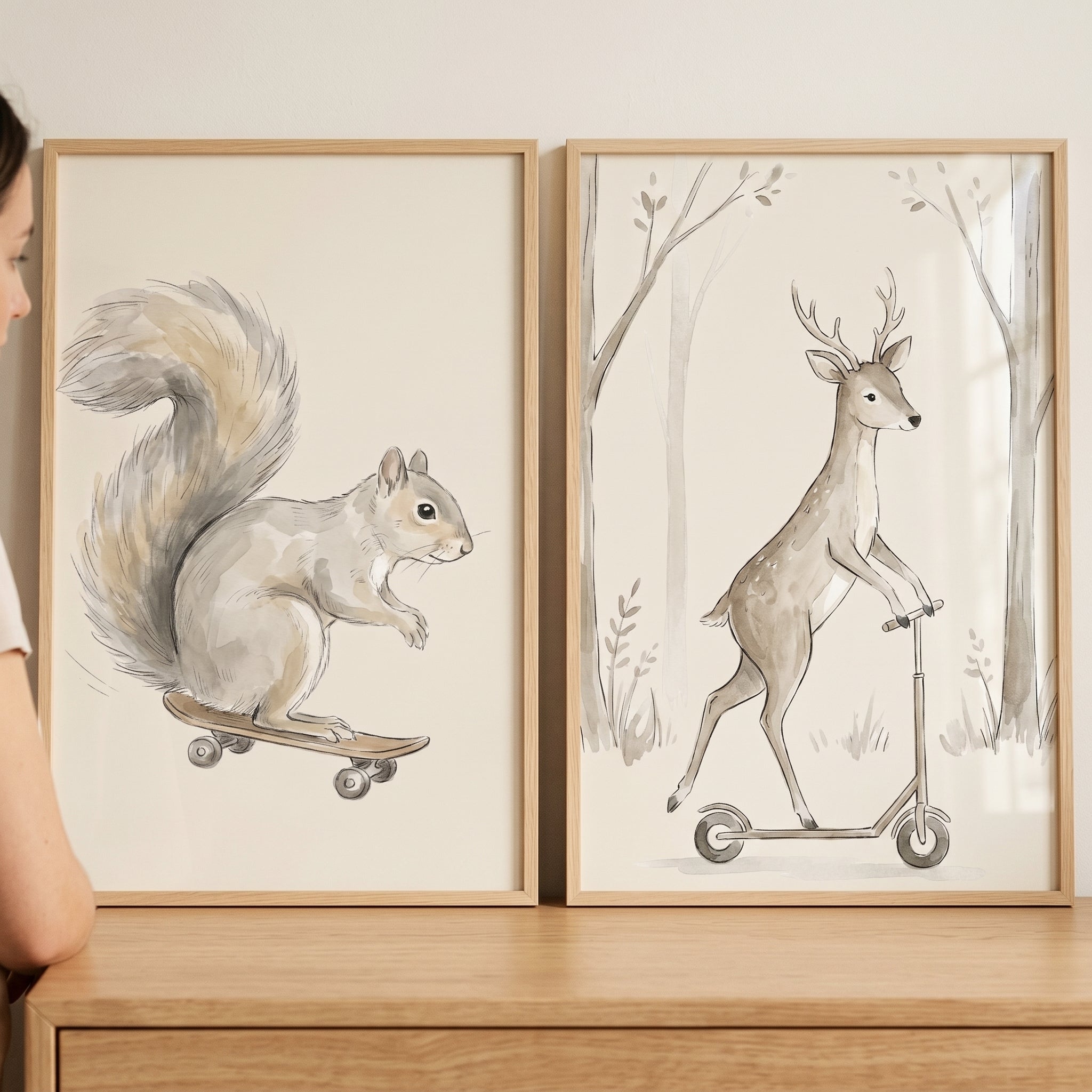 Neutral Beige Woodland Animals Wall Art Set of 2 - Woodland Wheels