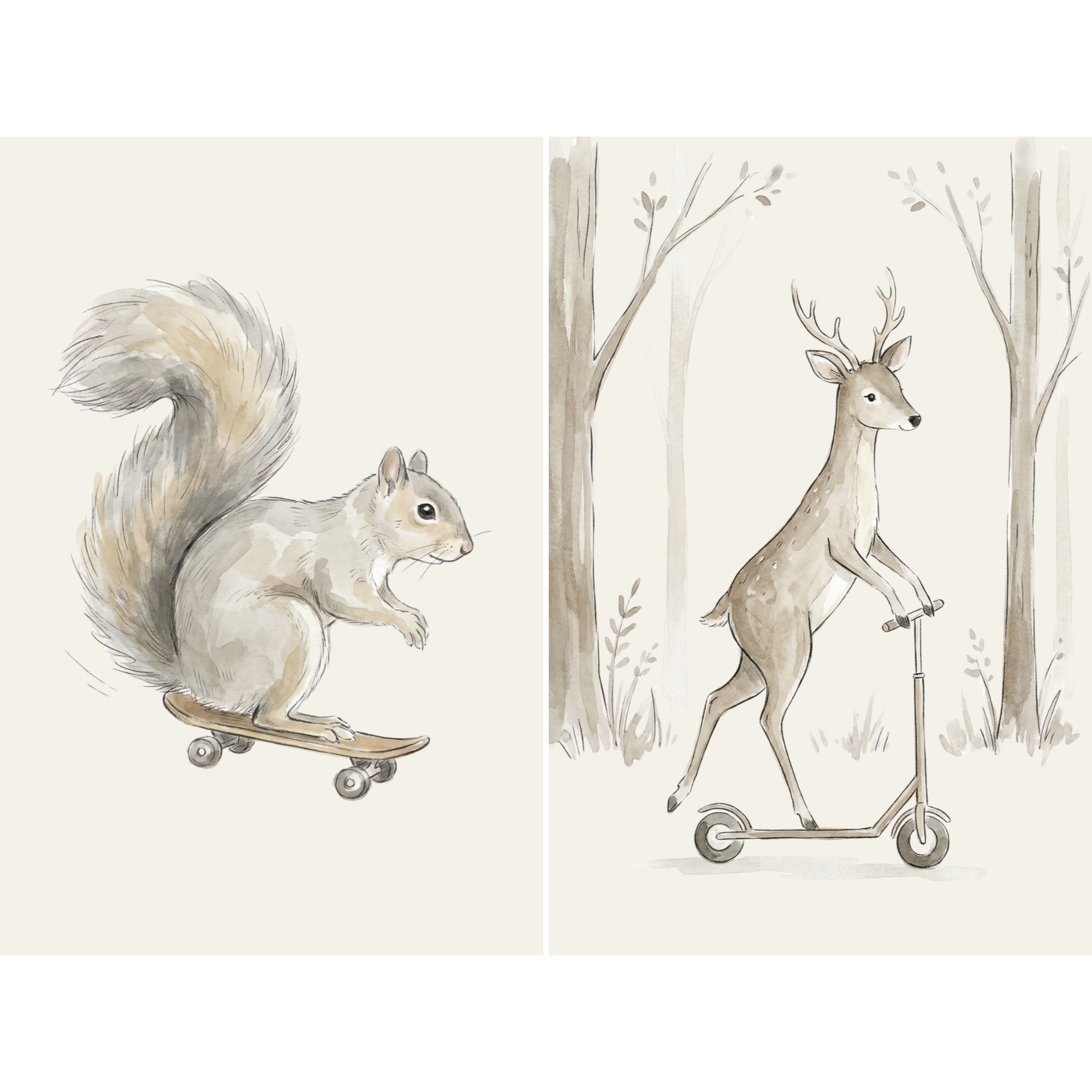 Neutral Beige Woodland Animals Wall Art Set of 2 - Woodland Wheels
