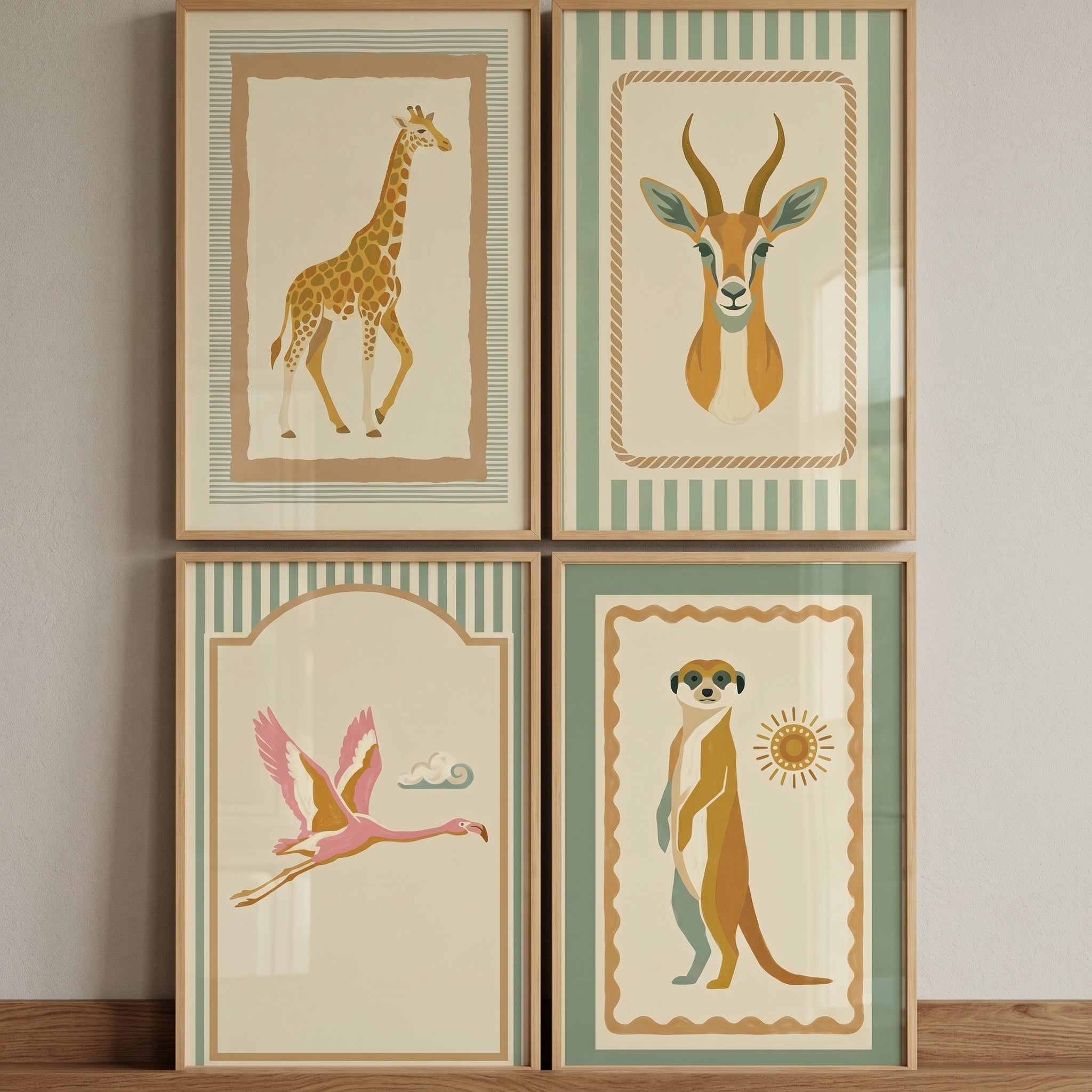 Neutral Boho Safari Animal Wall Art Set of 4 - Vintage Safari Prints