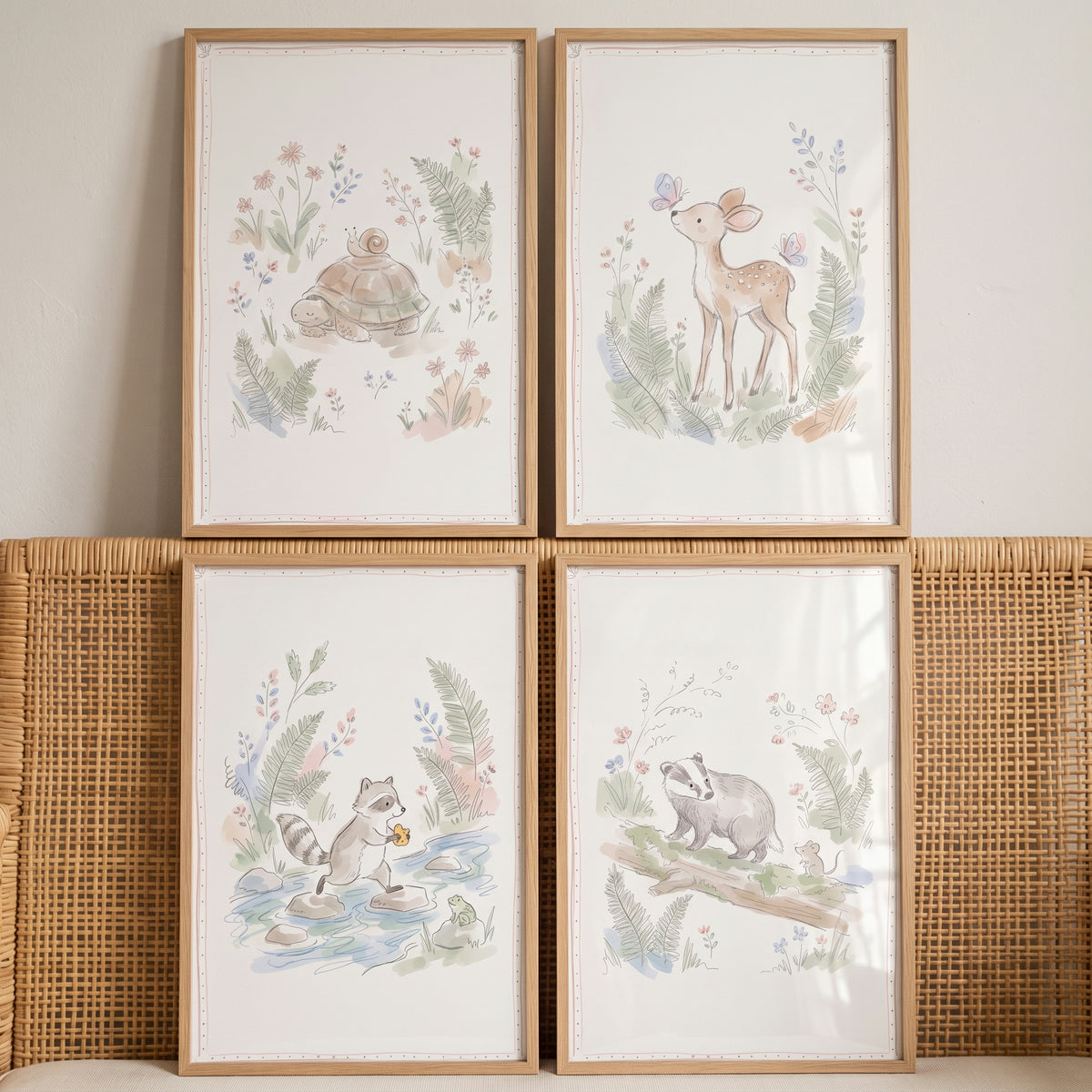 Neutral Botanical Woodland Animal Wall Art Set of 4 - Pastel Forest Creatures