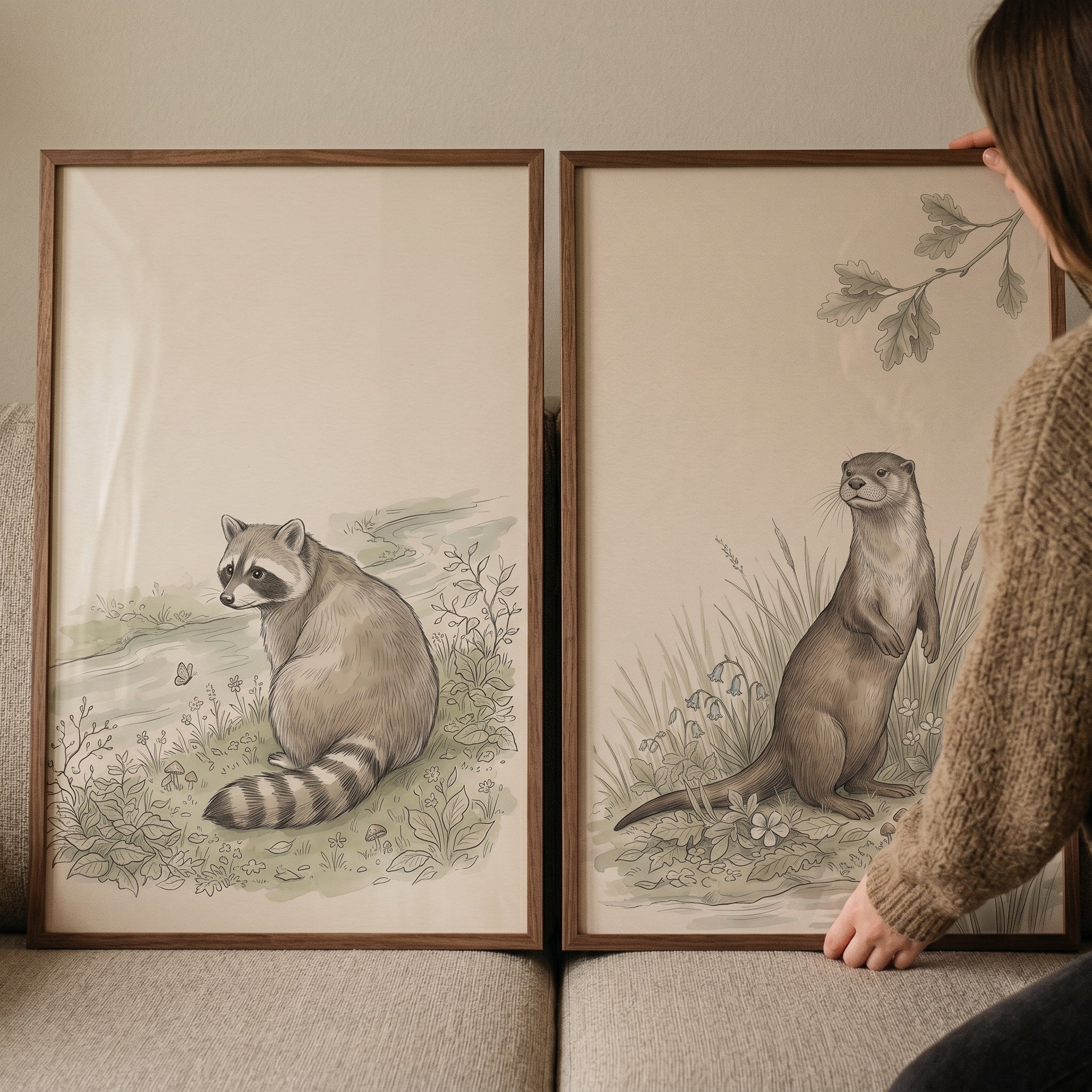 Neutral Botanical Woodland Animals Artwork Set of 2 - Woodland Stream Friends