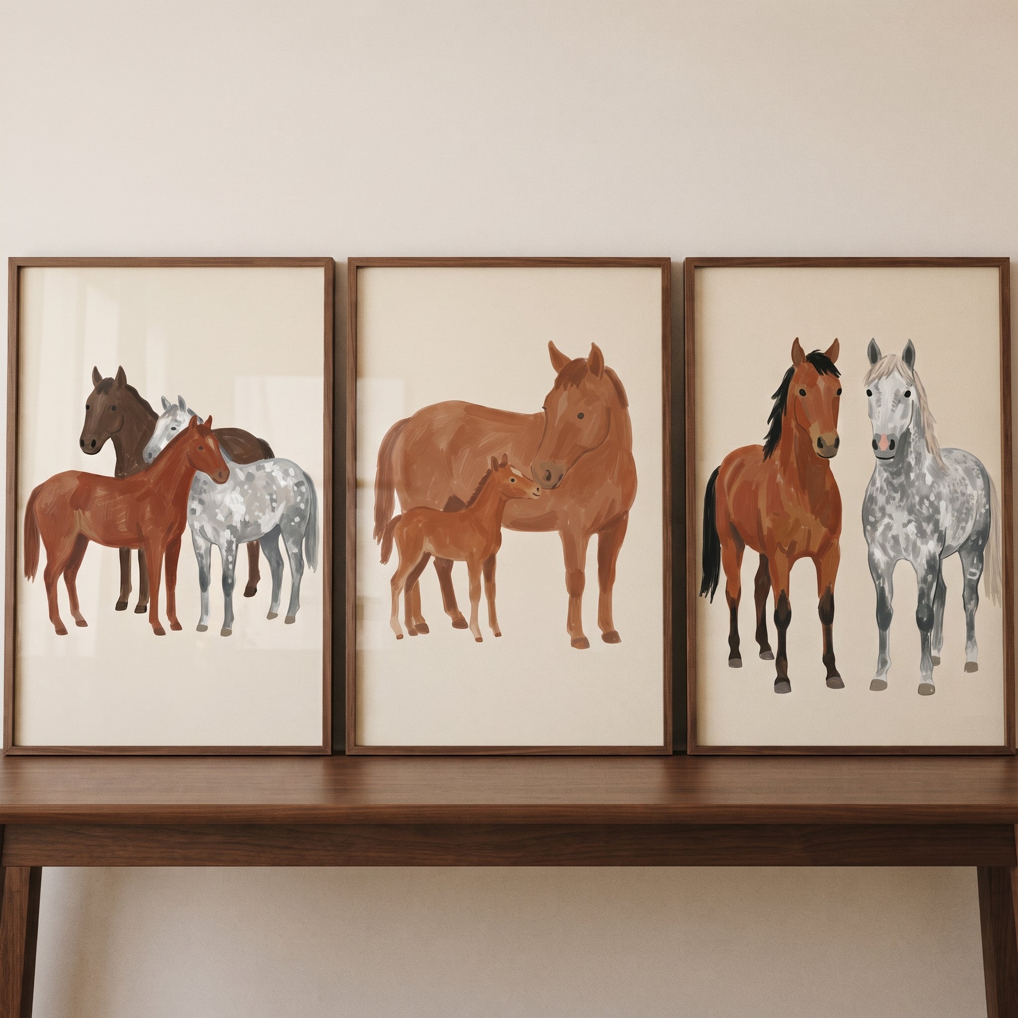 Neutral Brown Horse Wall Art Set of 3 - Equine Family Trio