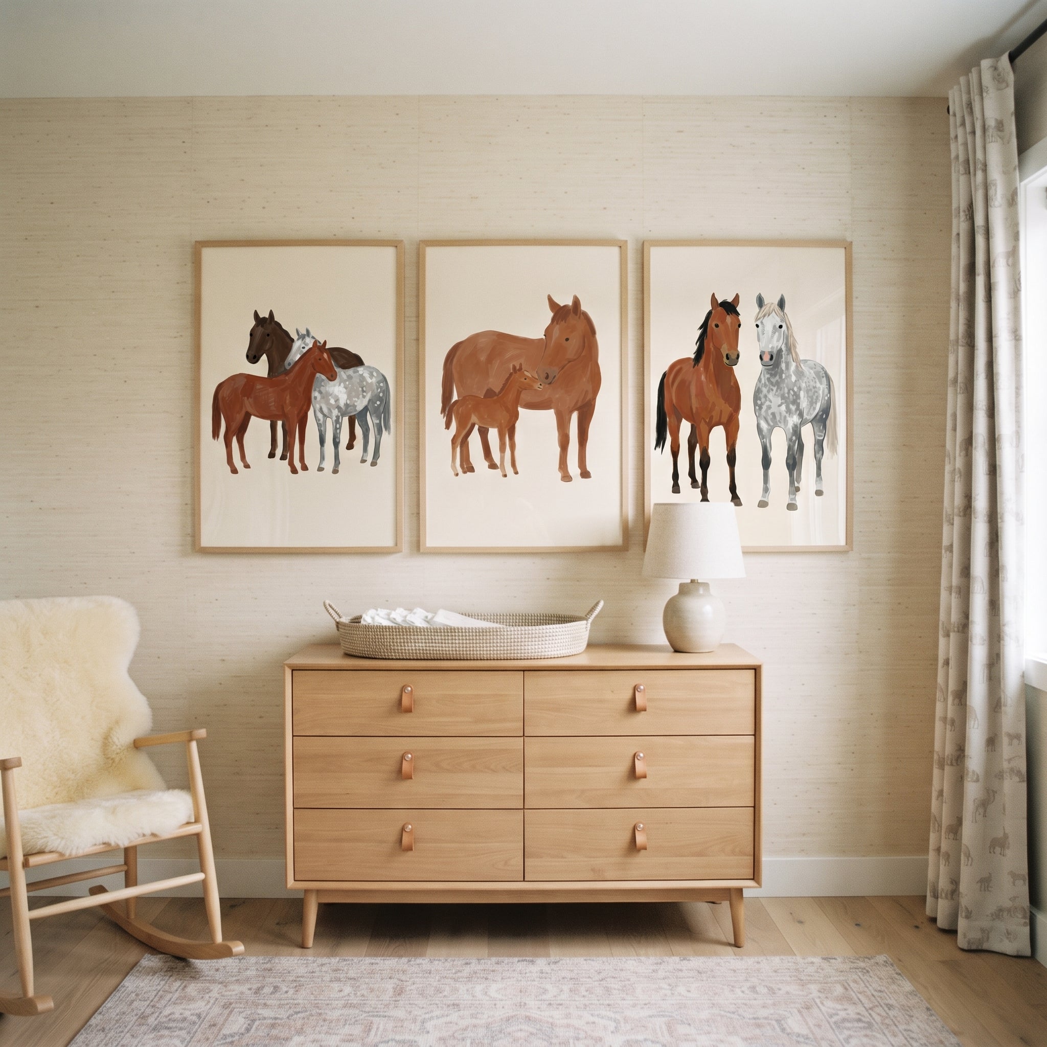 Neutral Brown Horse Wall Art Set of 3 - Equine Family Trio
