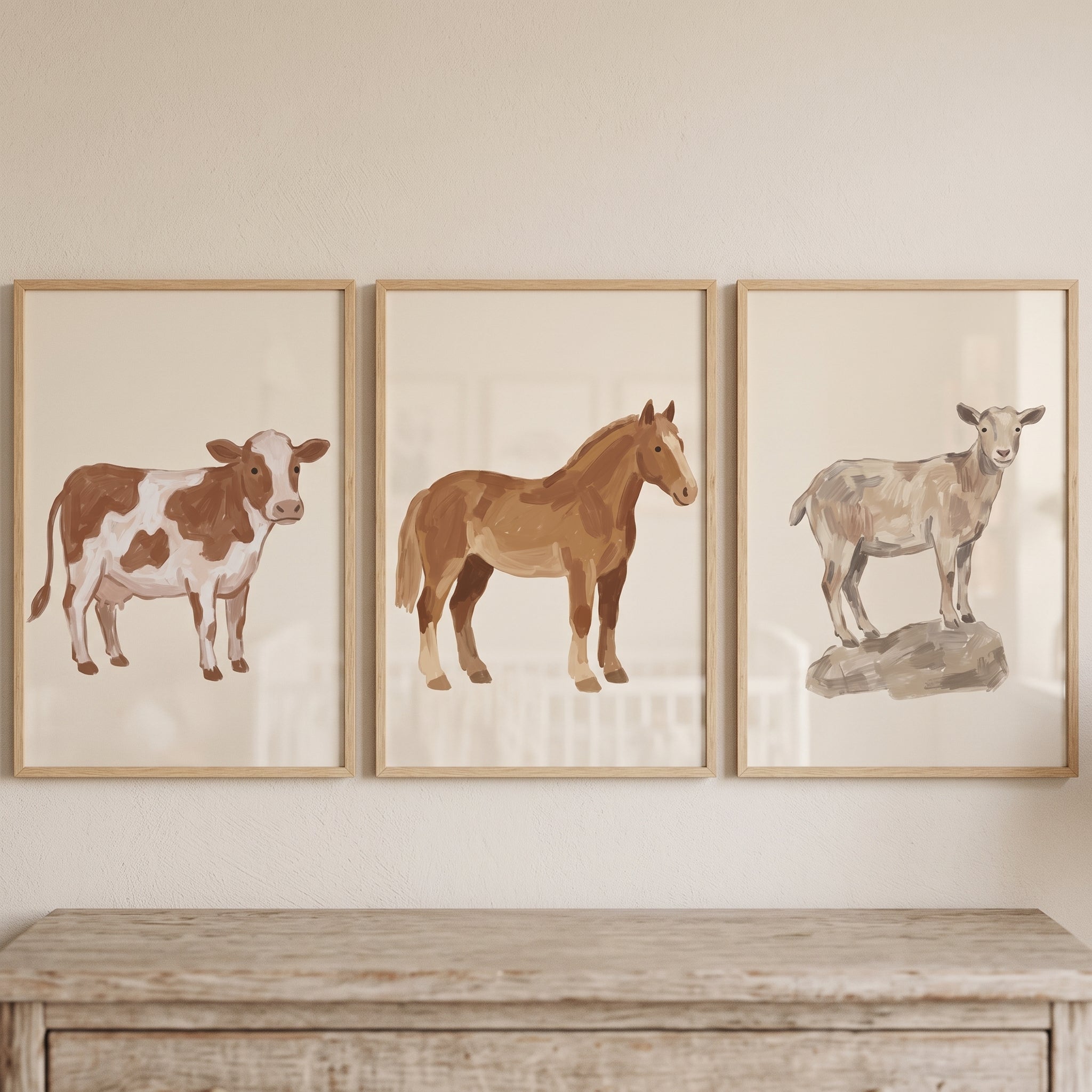 Neutral Brushstroke Farm Animals Wall Art Set of 3 - Farm Animal Trio