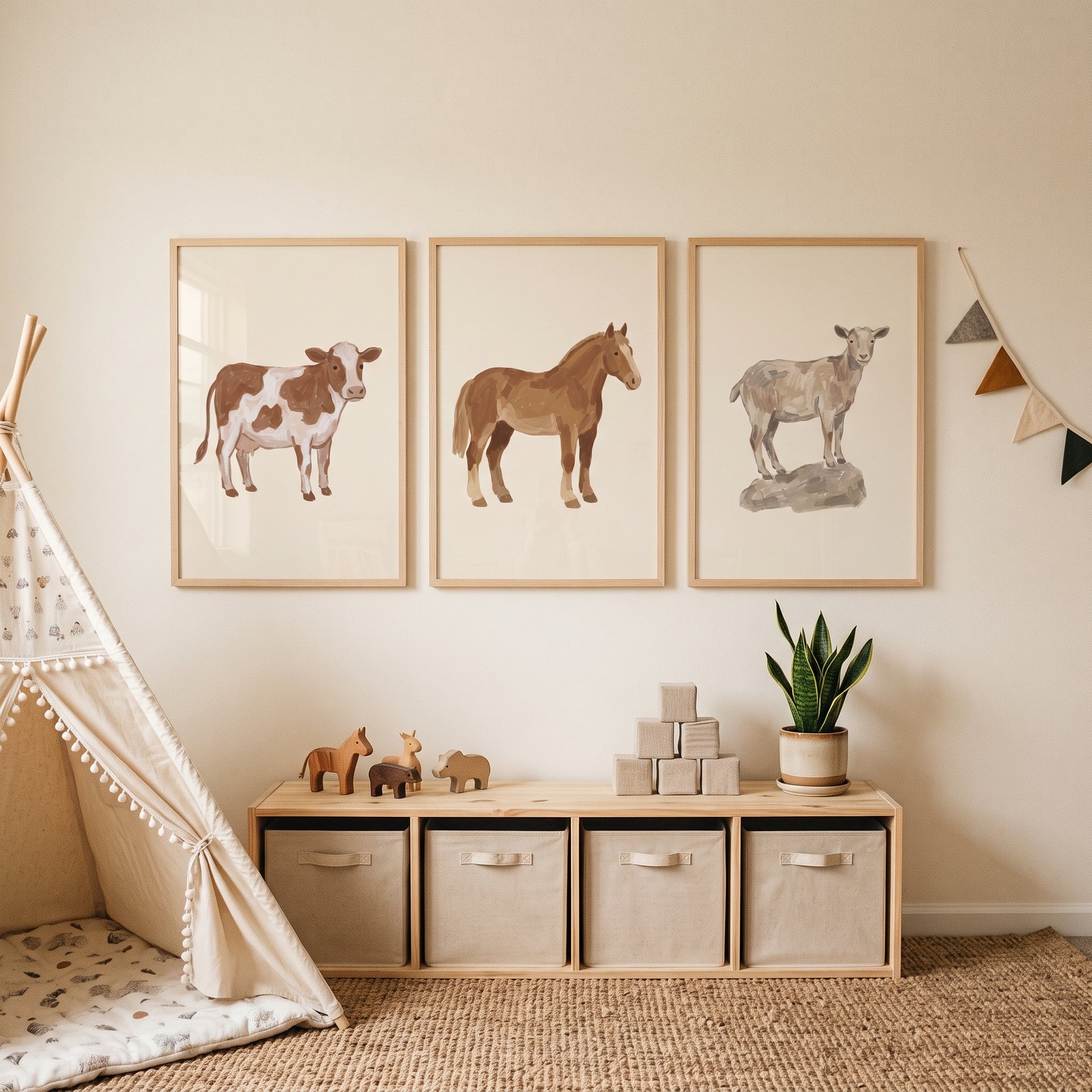Neutral Brushstroke Farm Animals Wall Art Set of 3 - Farm Animal Trio