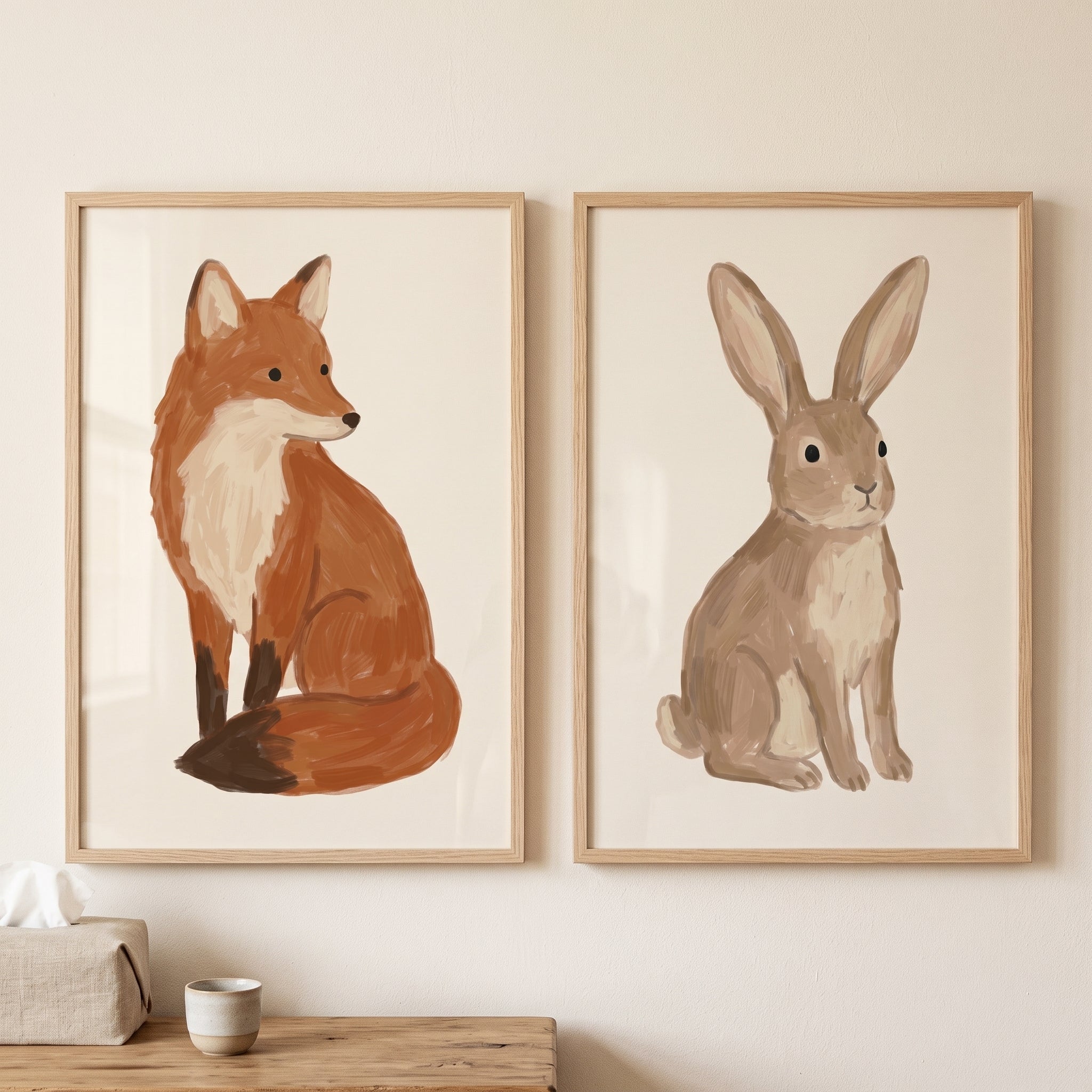 Neutral Brushstroke Woodland Animals Wall Art Set of 2 - Woodland Animal Portraits