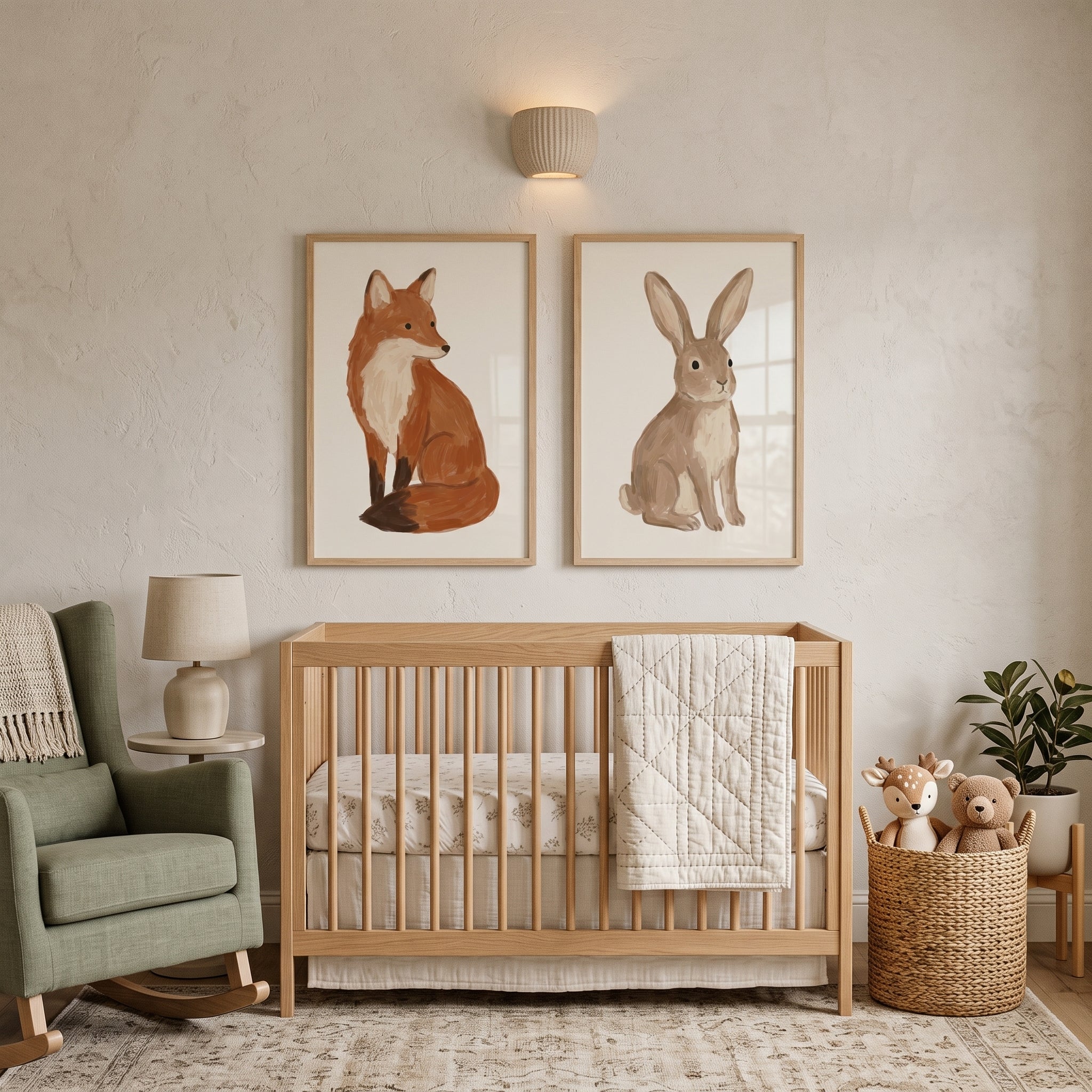 Neutral Brushstroke Woodland Animals Wall Art Set of 2 - Woodland Animal Portraits