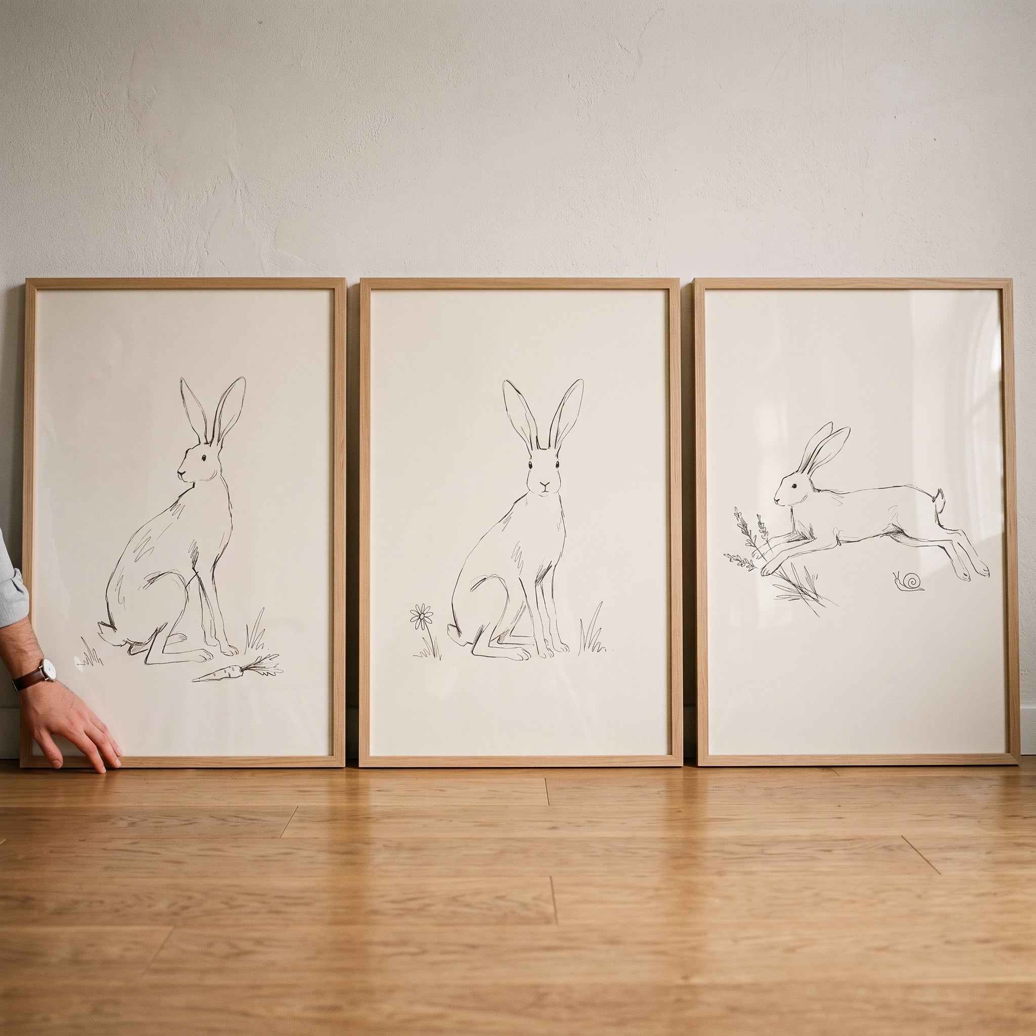 Neutral Bunny Wall Art Set of 3 - Minimalist Hare Trio