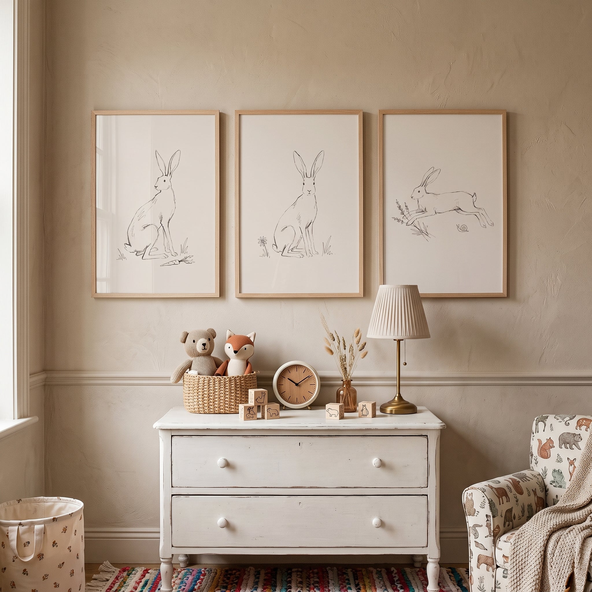 Neutral Bunny Wall Art Set of 3 - Minimalist Hare Trio