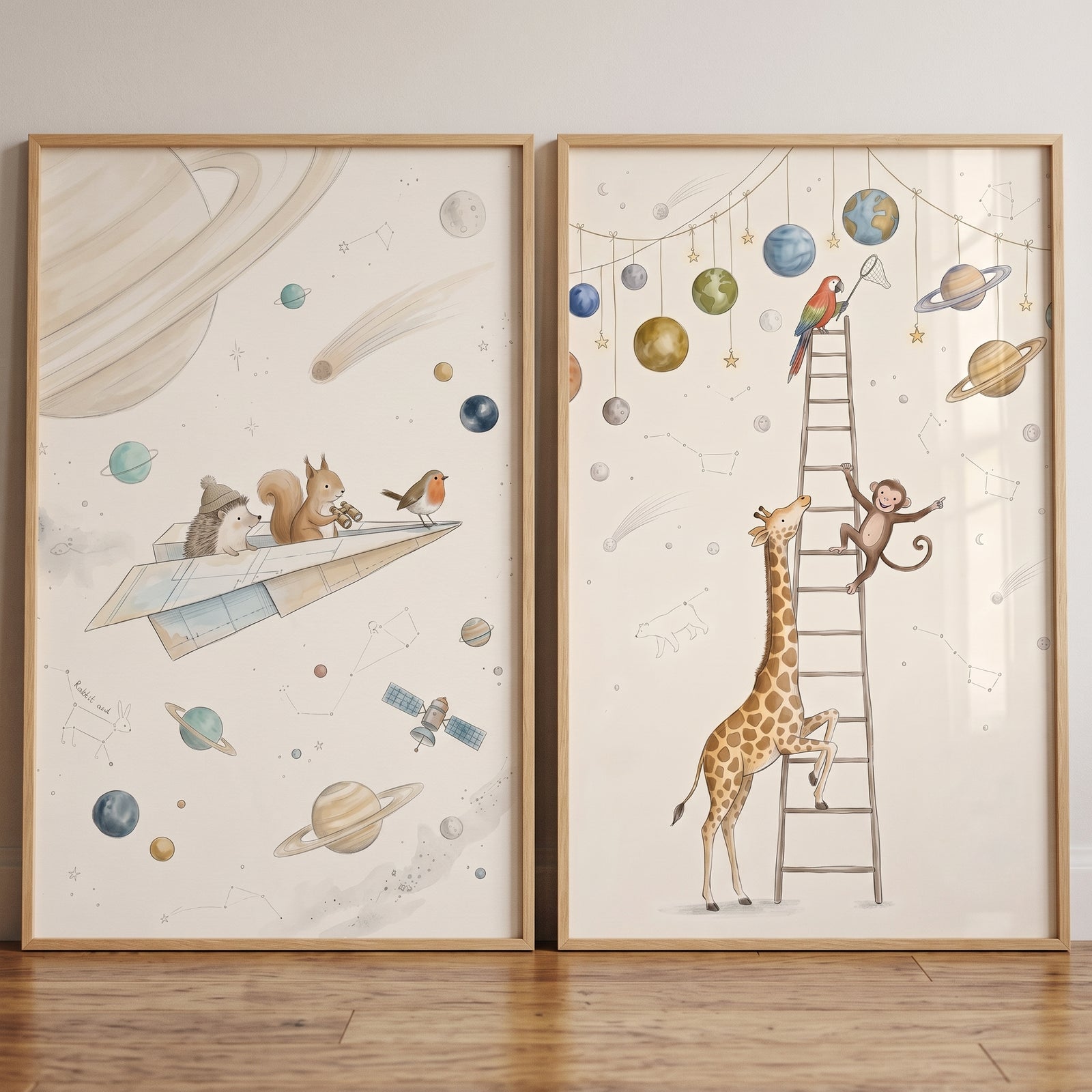 Neutral celestial galaxy animals wall art set of 2 with watercolor illustrations of a giraffe, monkey, and paper airplane.