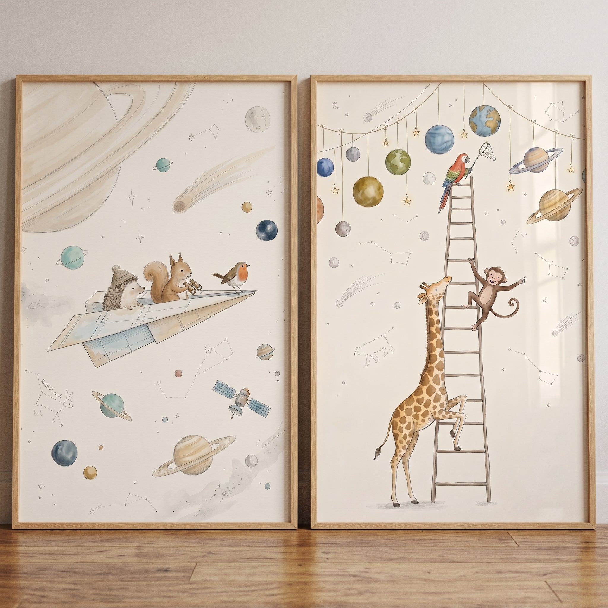 Neutral Celestial Galaxy Animals Wall Art Set of 2 - Celestial Animal Voyage