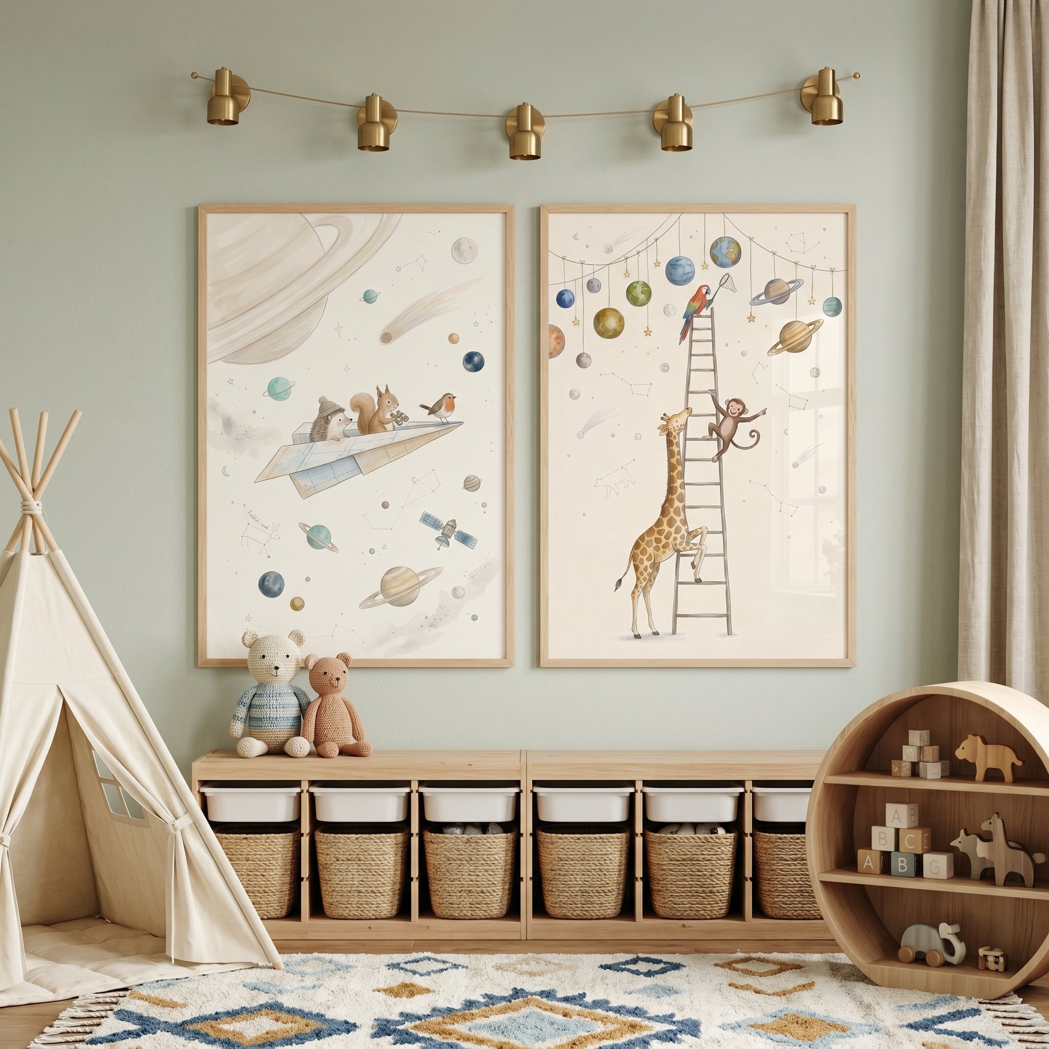 Neutral Celestial Galaxy Animals Wall Art Set of 2 - Celestial Animal Voyage