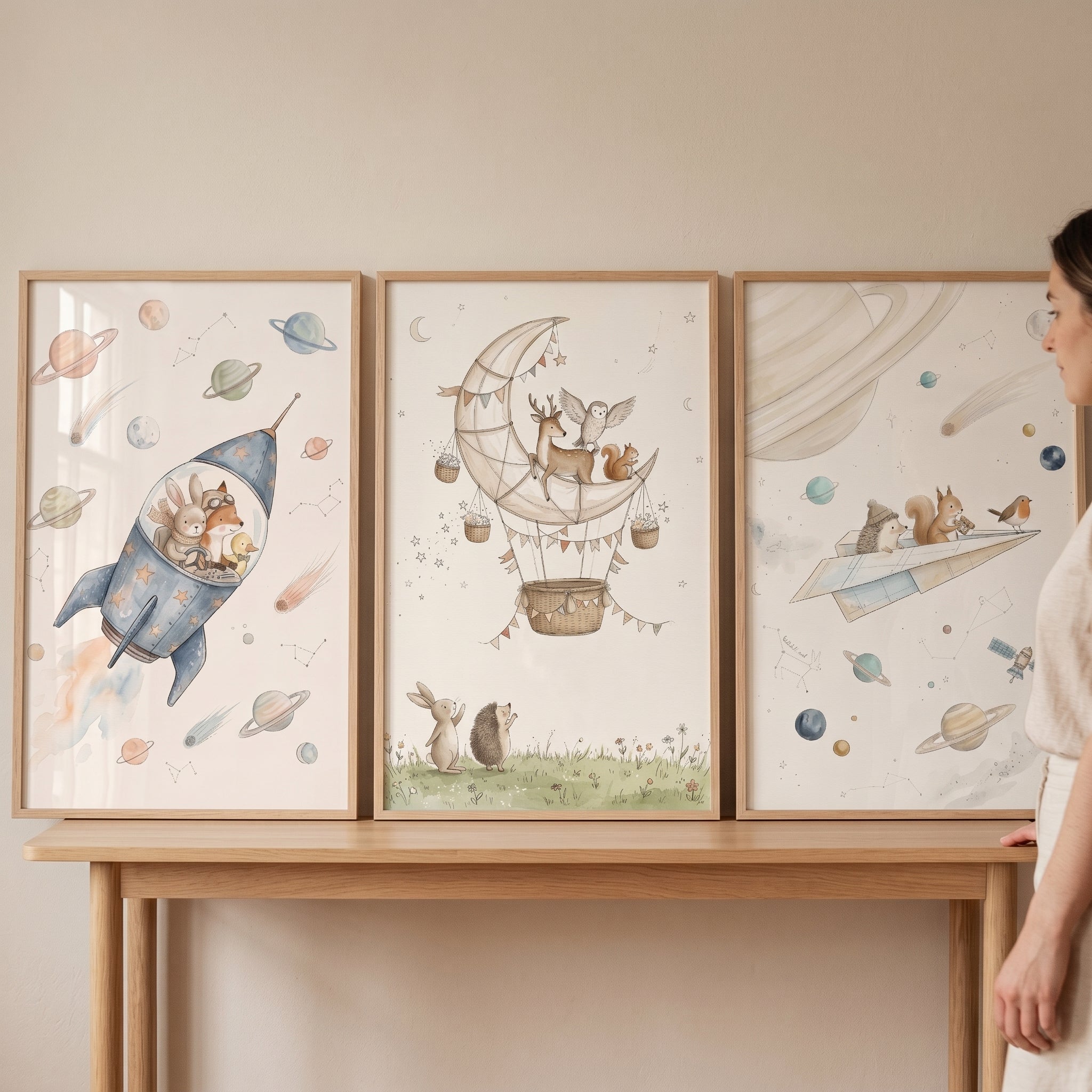 Neutral Celestial Woodland Animals Wall Art Set of 3 - Starry Woodland Flights