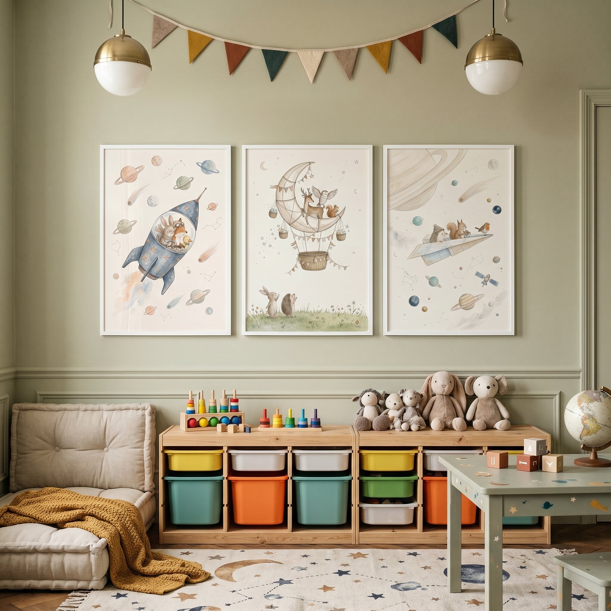 Neutral Celestial Woodland Animals Wall Art Set of 3 - Starry Woodland Flights