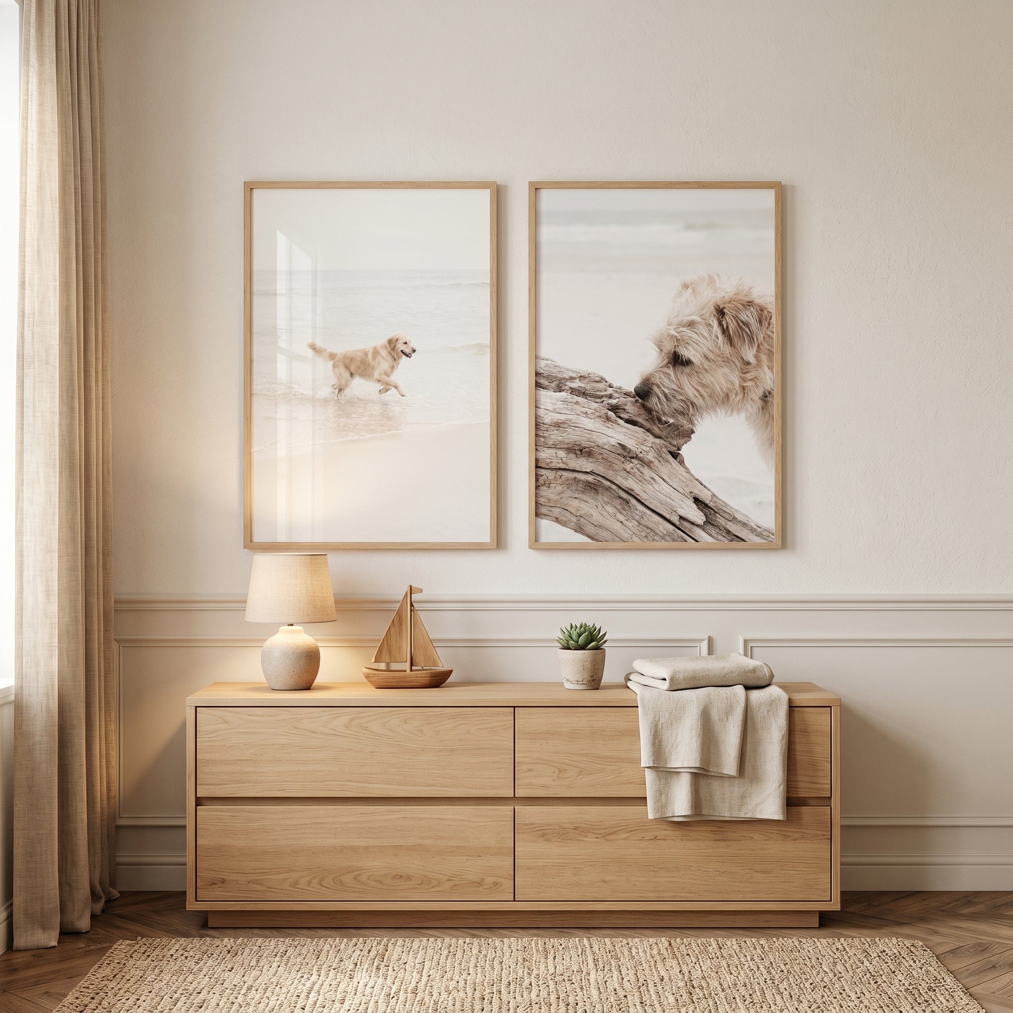 Neutral Coastal Dog Wall Art Set of 2 - Sandy Shore Adventures